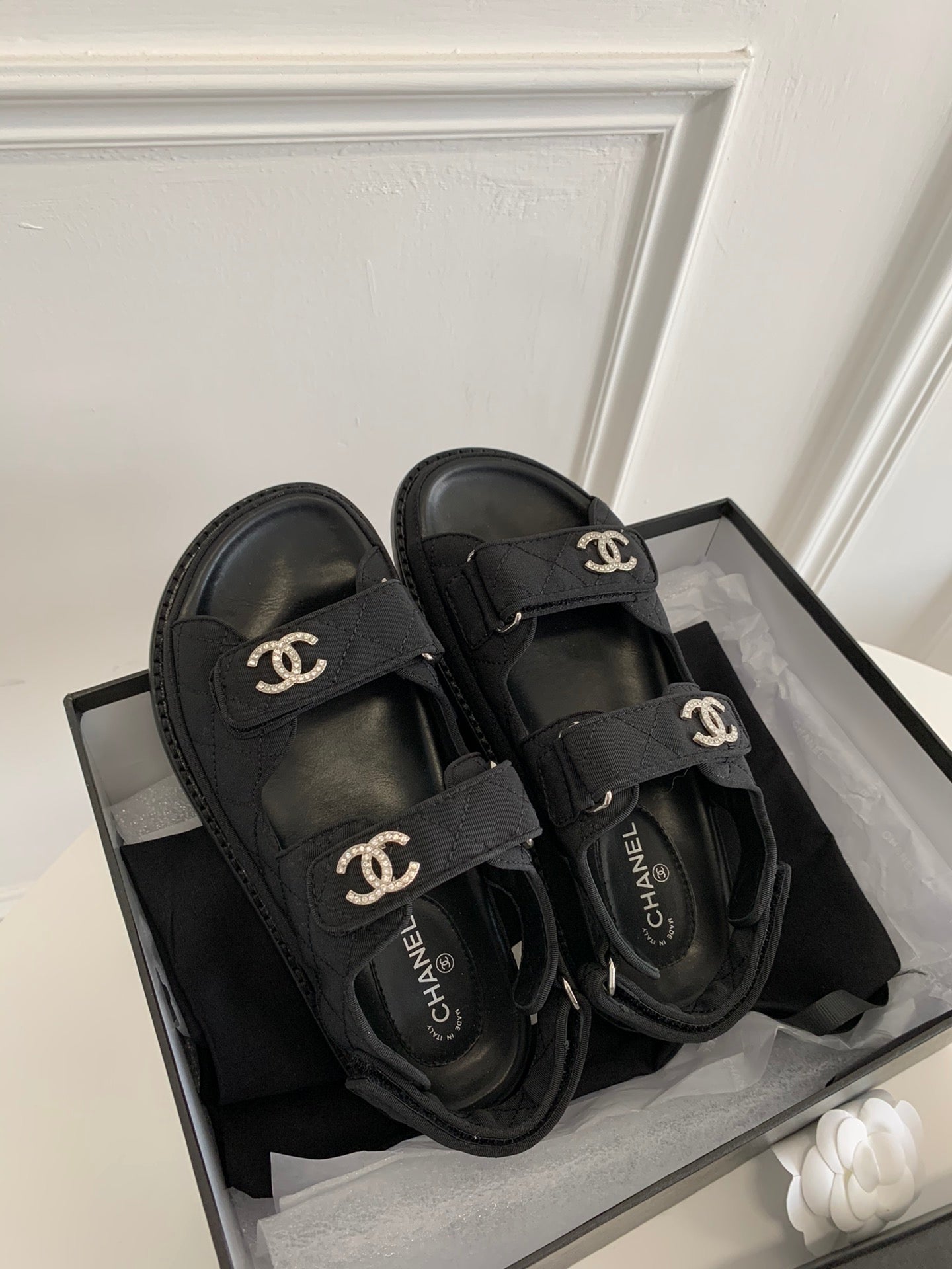 [TOP] CHANEL Dad Sandals Canvas Strappy Stones Logo - Black