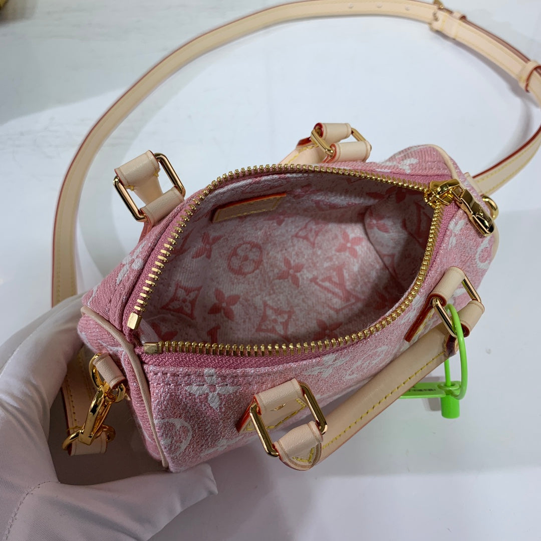 [TOP] Louis Vuitton LV  Denim Monogram Speedy 20 Bag 20x13.5x12cm  - Pink