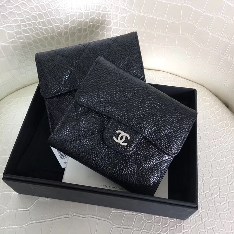 [TOP] CHANEL Trifold Wallet Caviar Skin - Black & SHW
