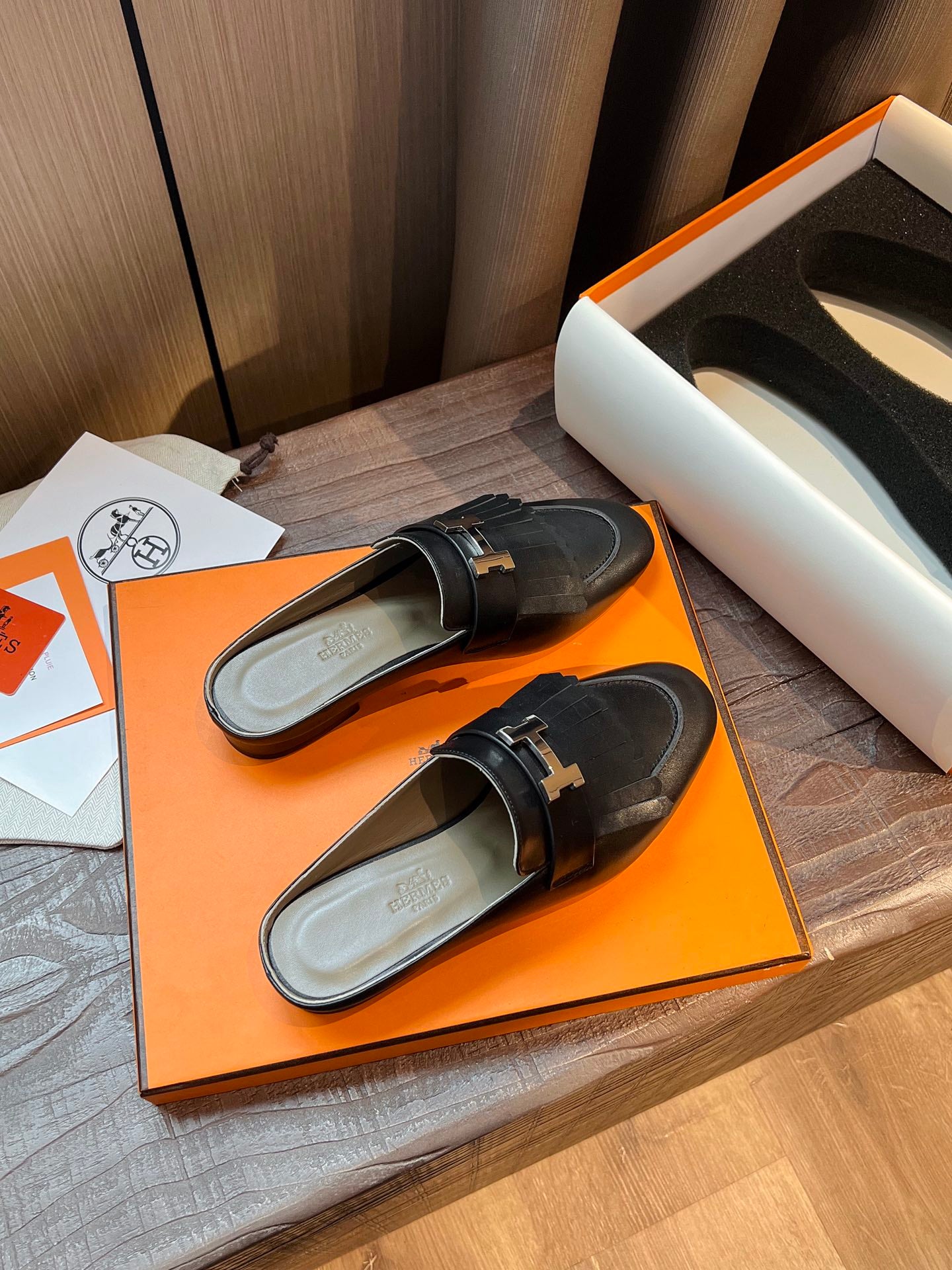 [TOP] HERMES Rivoli Mules - Black & SHW