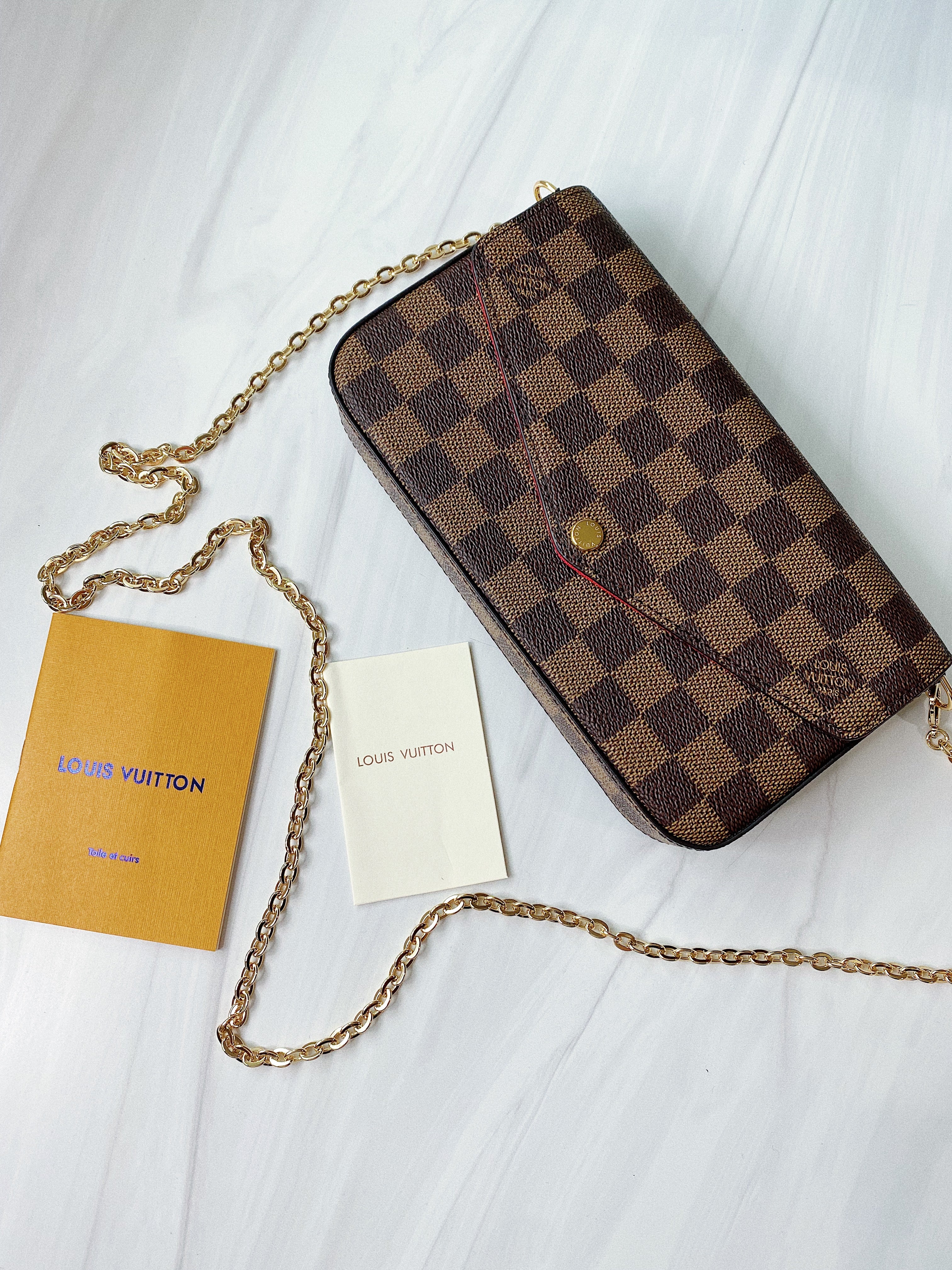 [TOP] Louis Vuitton LV £V Felicie Damier Ebene Bag 21X12X3cm - Red