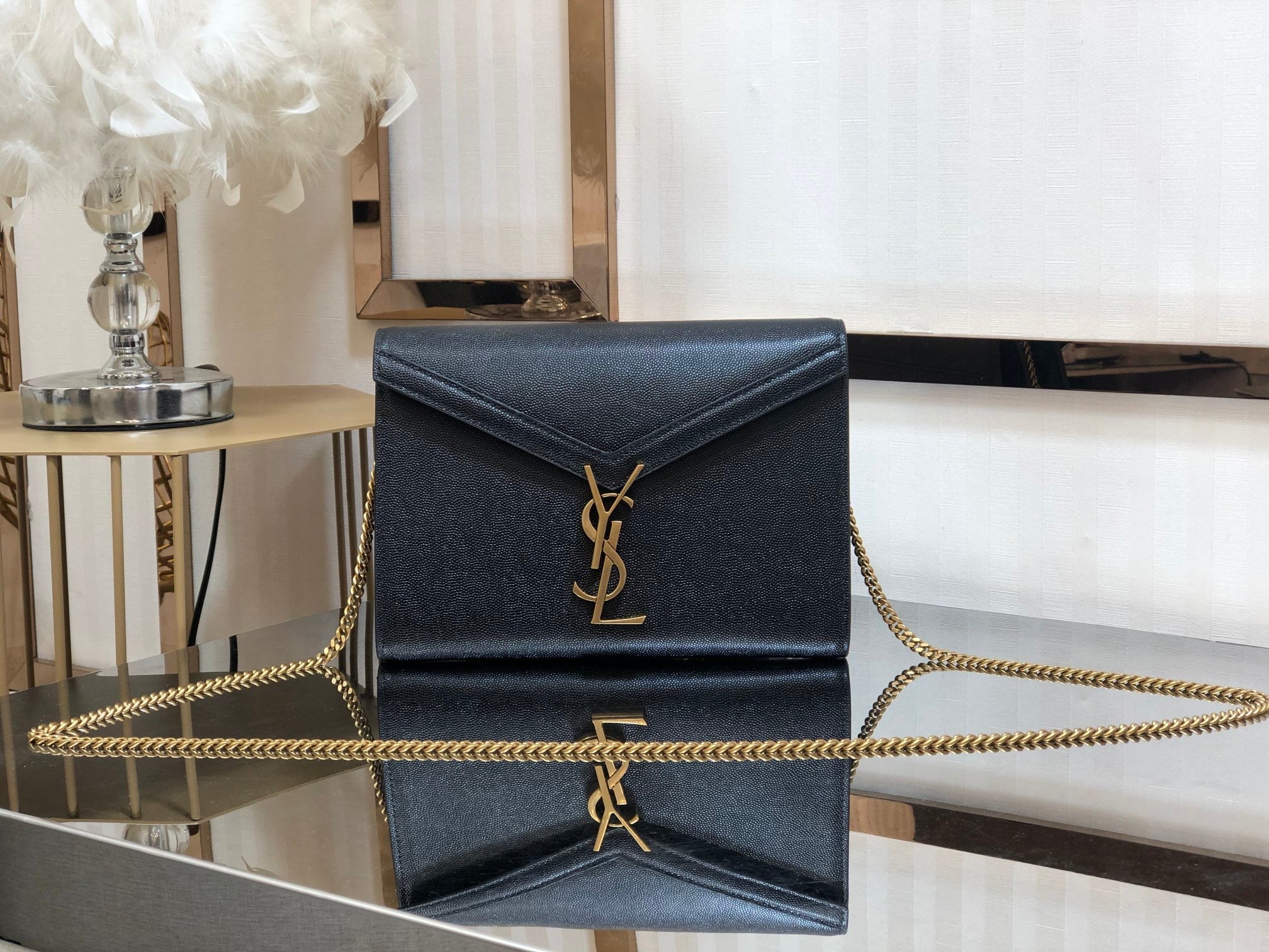 [TOP] Yves Saint Laurent YSL Cassandra Chain Wallet Grain Leather - Black