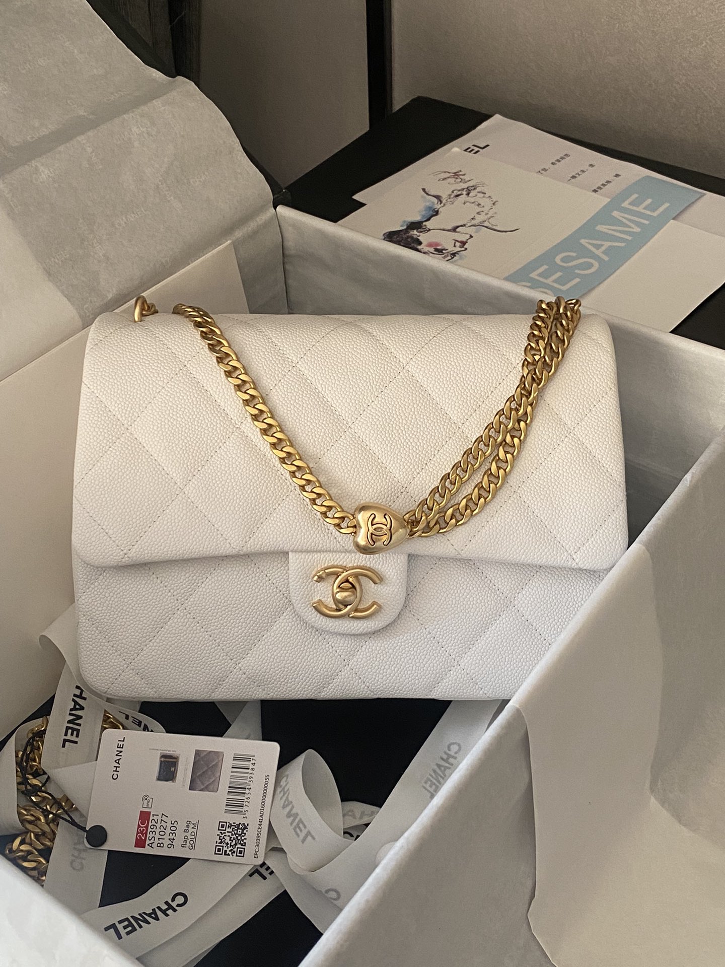 [TOP] CHANEL Classic Flap Bag 12X19x8cm/14X20x8cm/19X24x9cm - GHW - White