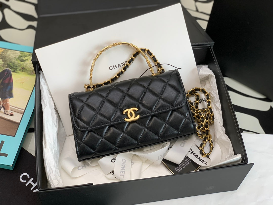 [TOP] CHANEL Flap Phone Holder Chain Bag w Enamel Top Handle - Black