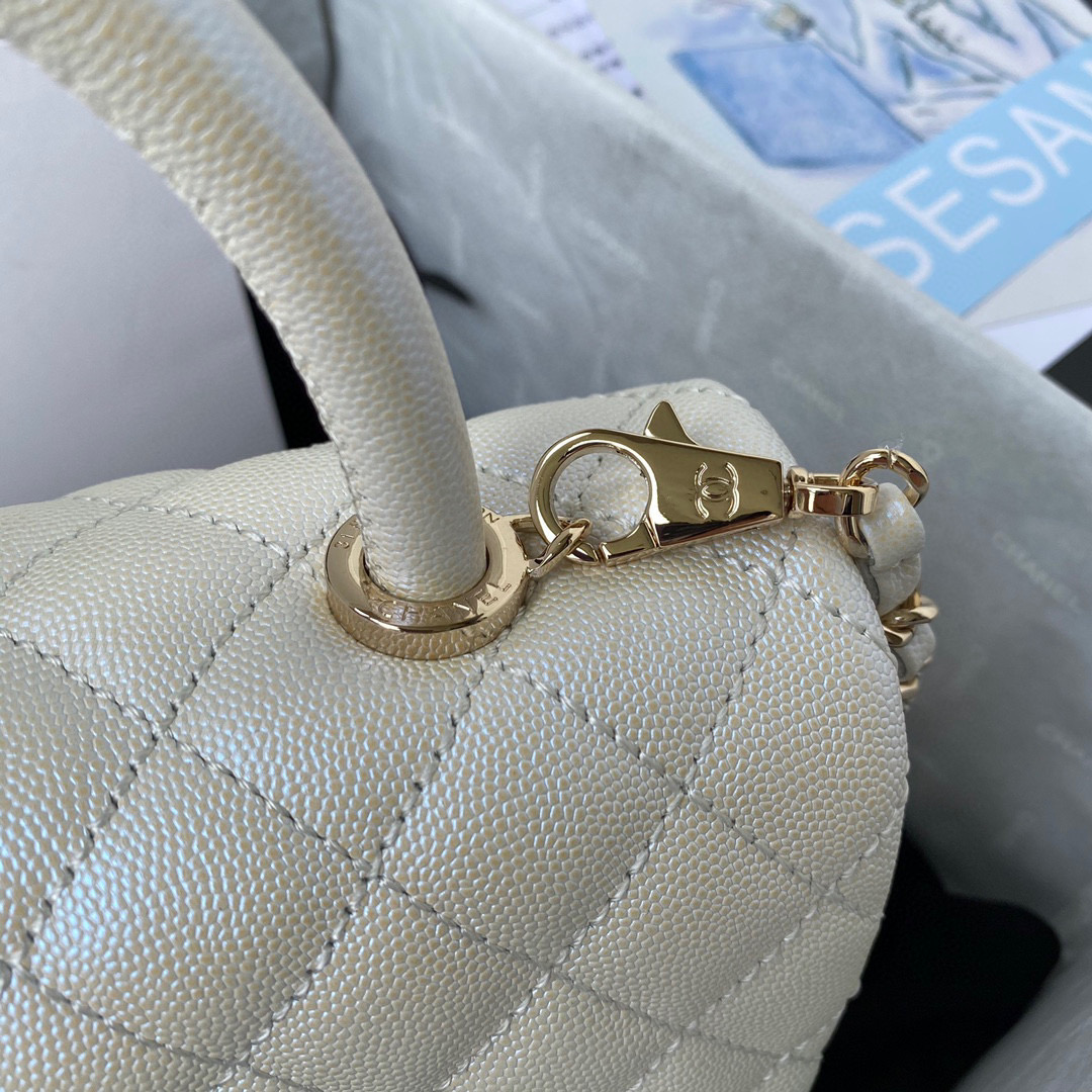 [TOP] CHANEL CoCo Handle Bag Carviar Large 29cm - Pearl White & GHW