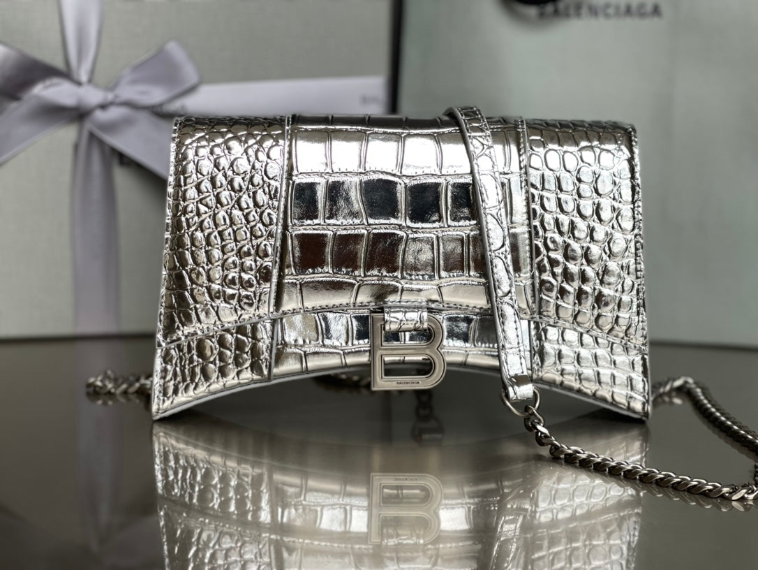 [TOP] BALENCIAGA Hourglass WOC Crocodile-Print 19x12x5cm  - Silver w SHW