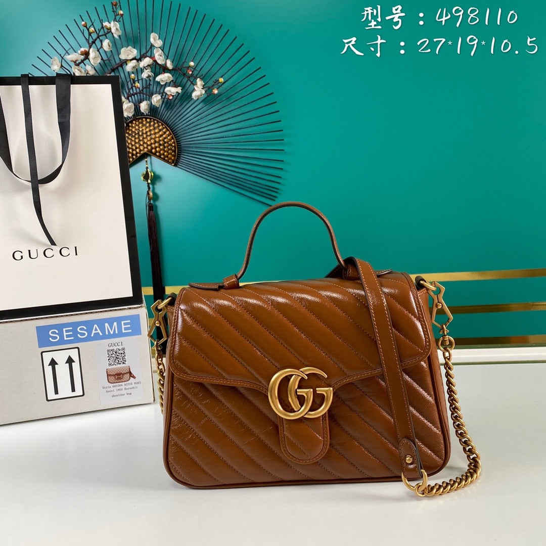 [TOP] GUCCI G*G Marmont Medium Top Handle Bag 27*13.5*10 - Brown