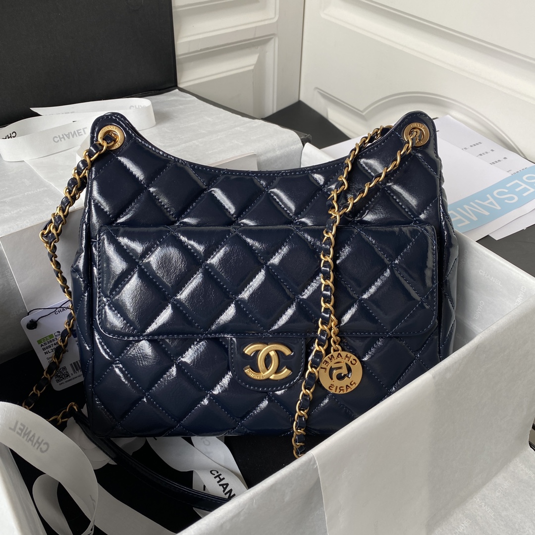 [TOP] CHANEL Wax Skin Hobo Bag 27×31×8cm - GHW - Blue