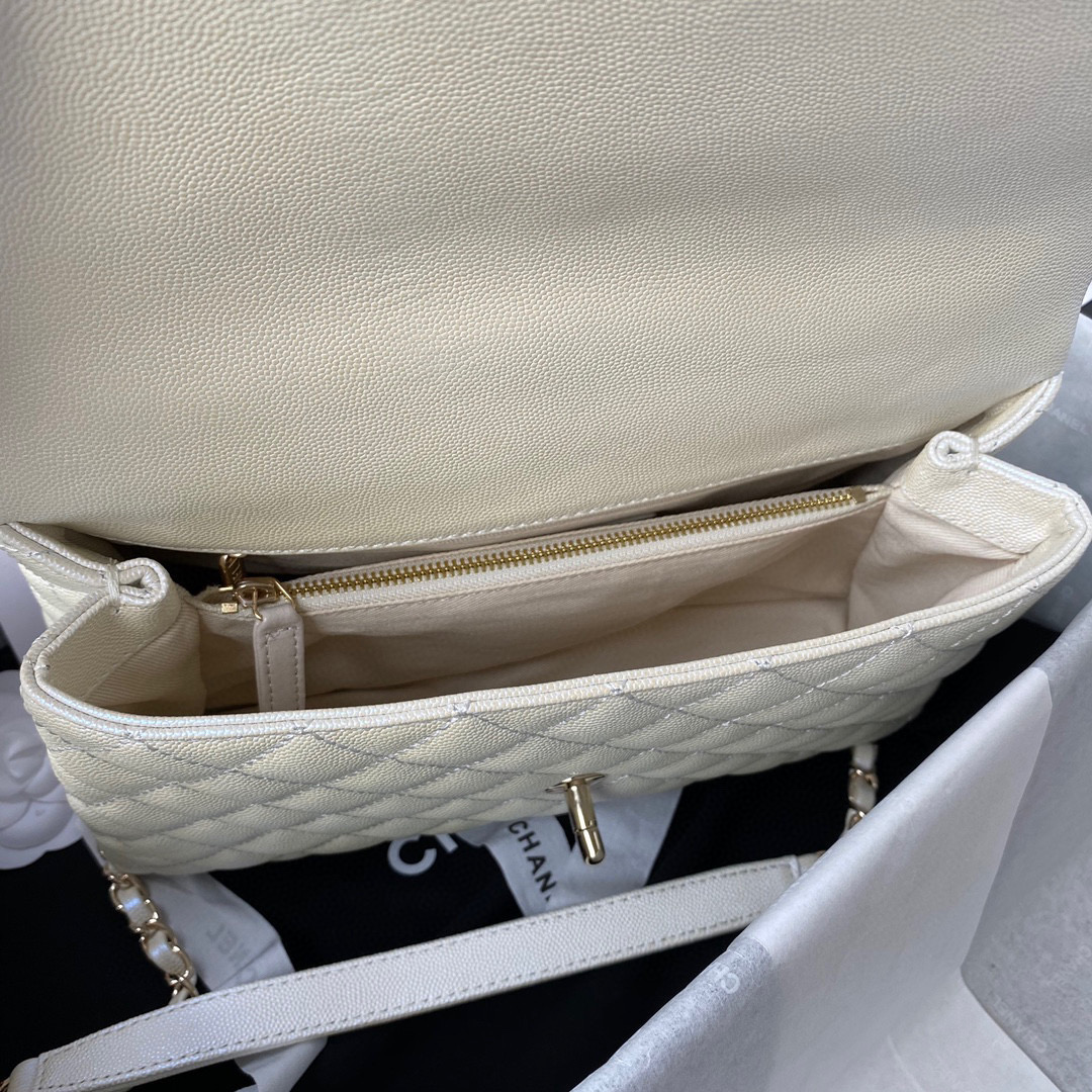 [TOP] CHANEL CoCo Handle Bag Carviar Large 29cm - Pearl White & GHW