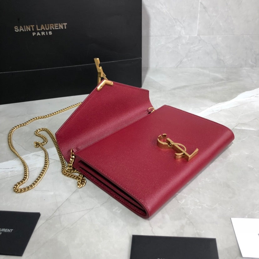 [TOP] Yves Saint Laurent YSL Cassandra Chain Wallet Grain Leather - Red