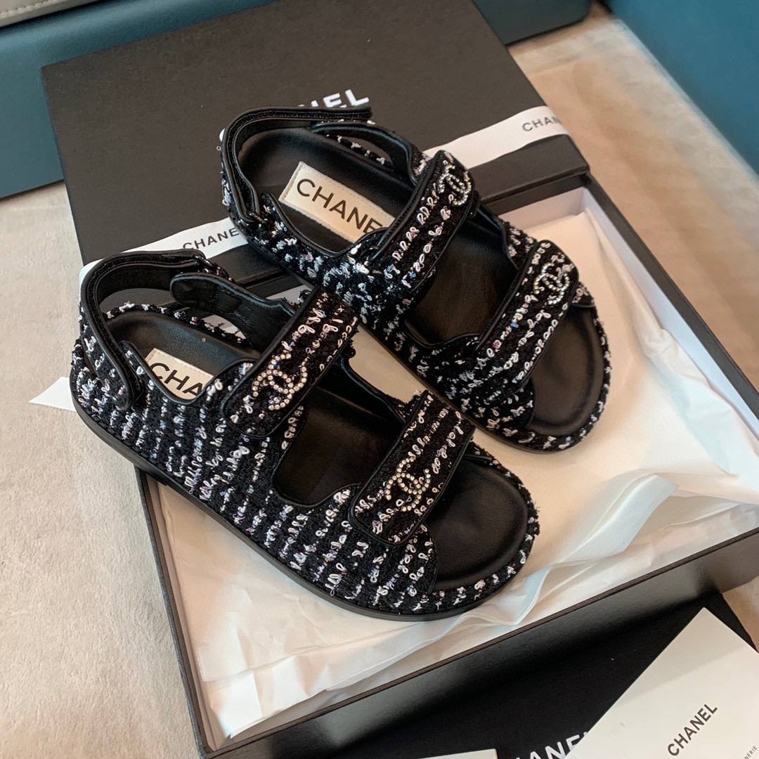 [TOP] CHANEL Dad Sandals Tweed  Stones Double C - Black and White