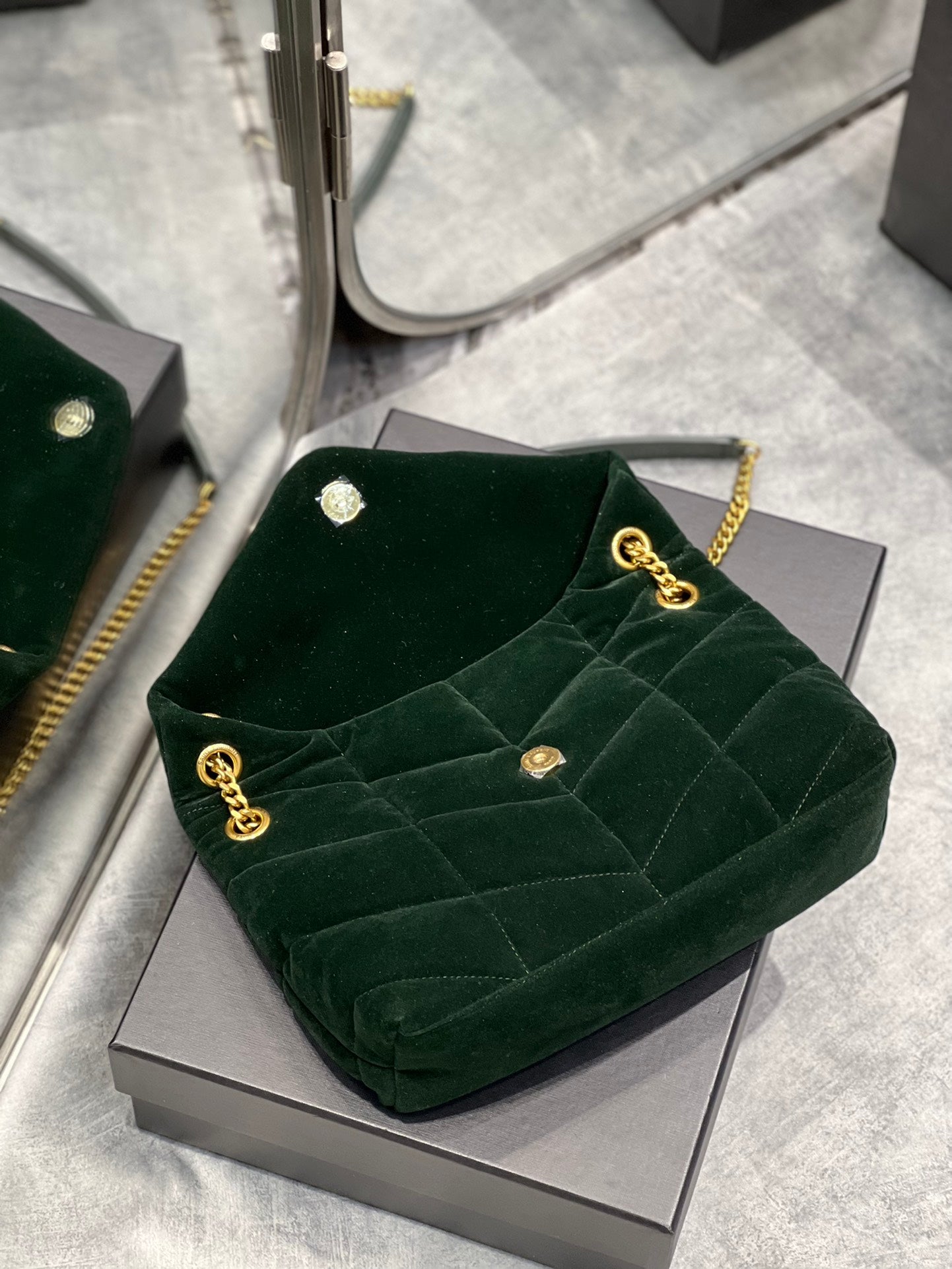 [TOP] Yves Saint Laurent YSL Loulou Puffer Suede Small Bag - Dark Green