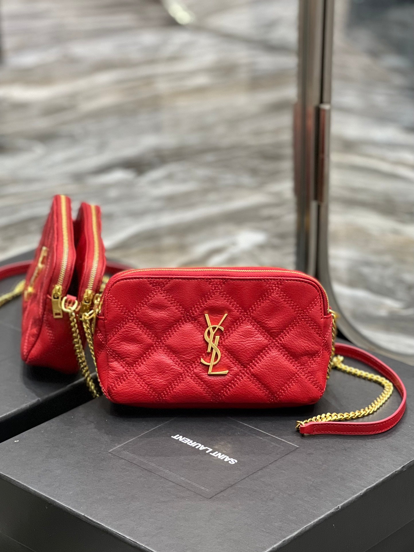 [TOP] Yves Saint Laurent YSL Beckly Double Zip Pouch Bag - Red GHW