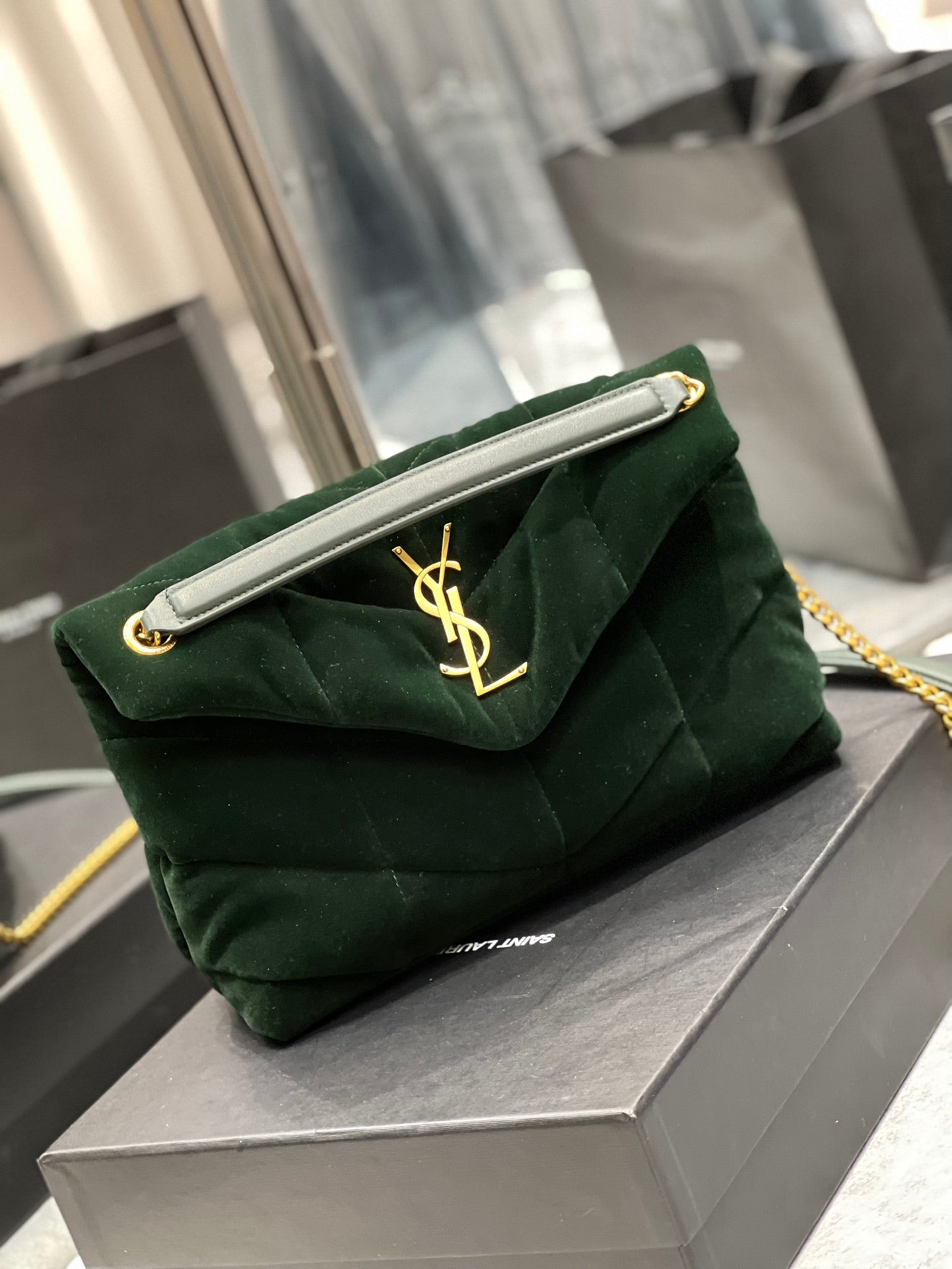 [TOP] Yves Saint Laurent YSL Loulou Puffer Suede Small Bag - Dark Green