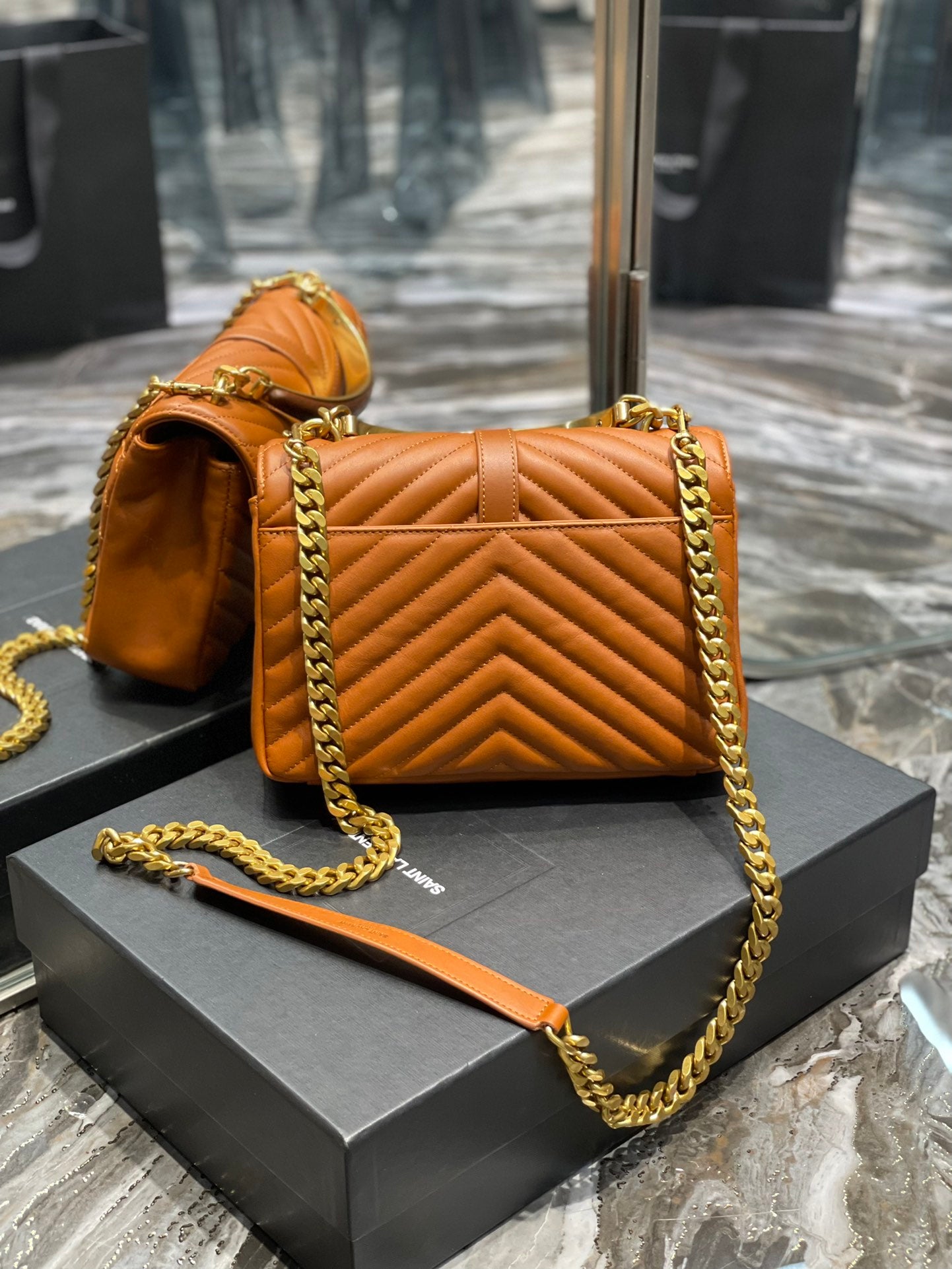 [TOP] Yves Saint Laurent YSL College Wooden Top Handle Leather Small Bag - Brown