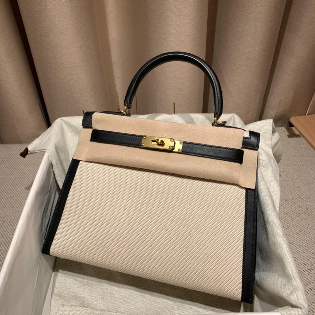 [TOP] HERMES Kelly 28cm Swift/Toile H 89 Black Gold Buckle Canvas