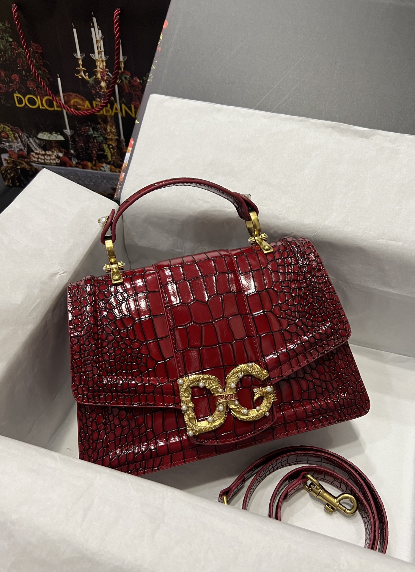 [TOP] Dolce & Gabbana D&G  Crocodile 27*18*8cm -Print Calfskin DG Girls Handbag