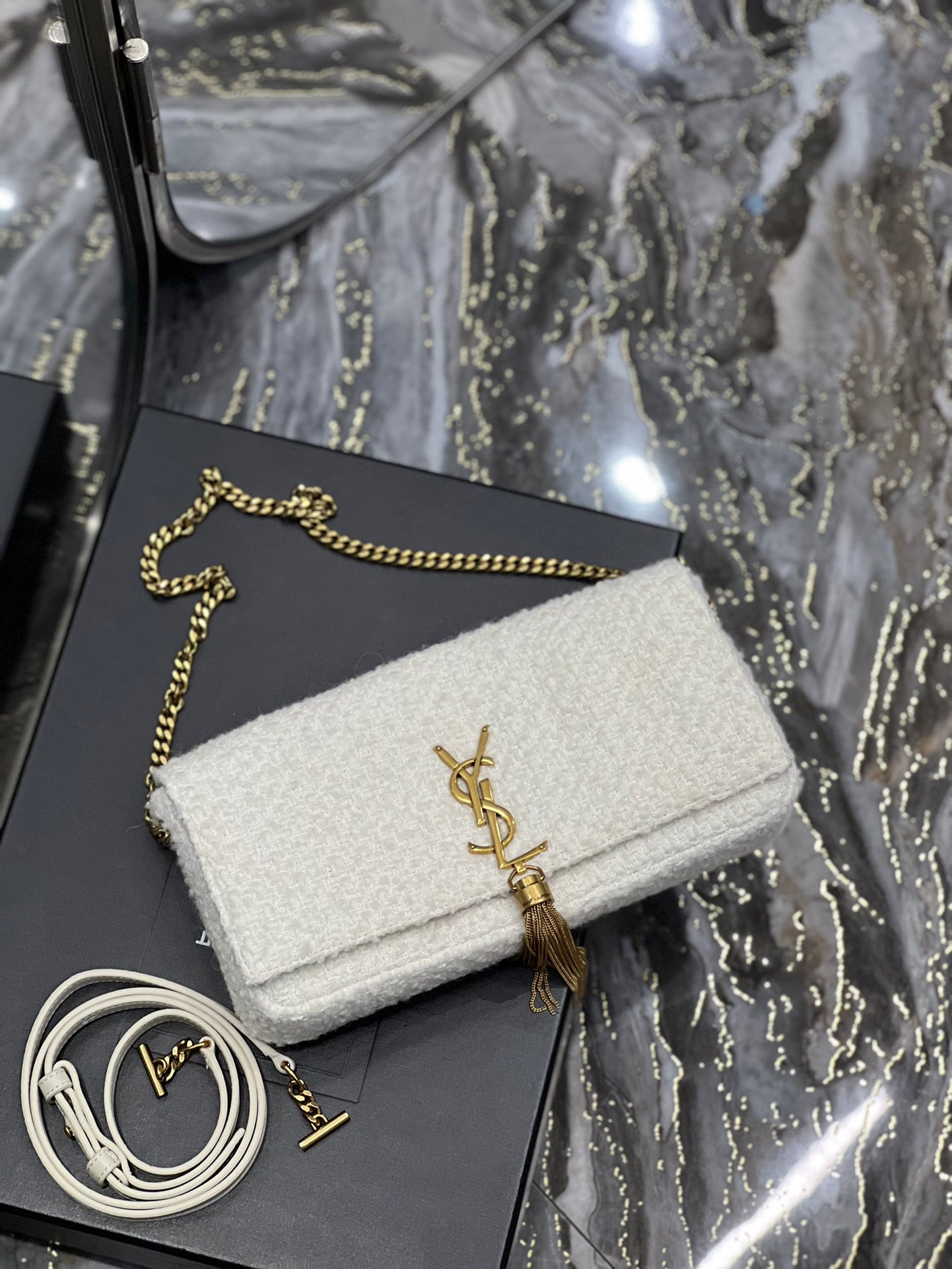 [TOP] Yves Saint Laurent YSL Kate Boucle Tassel Medium Bag - Off White