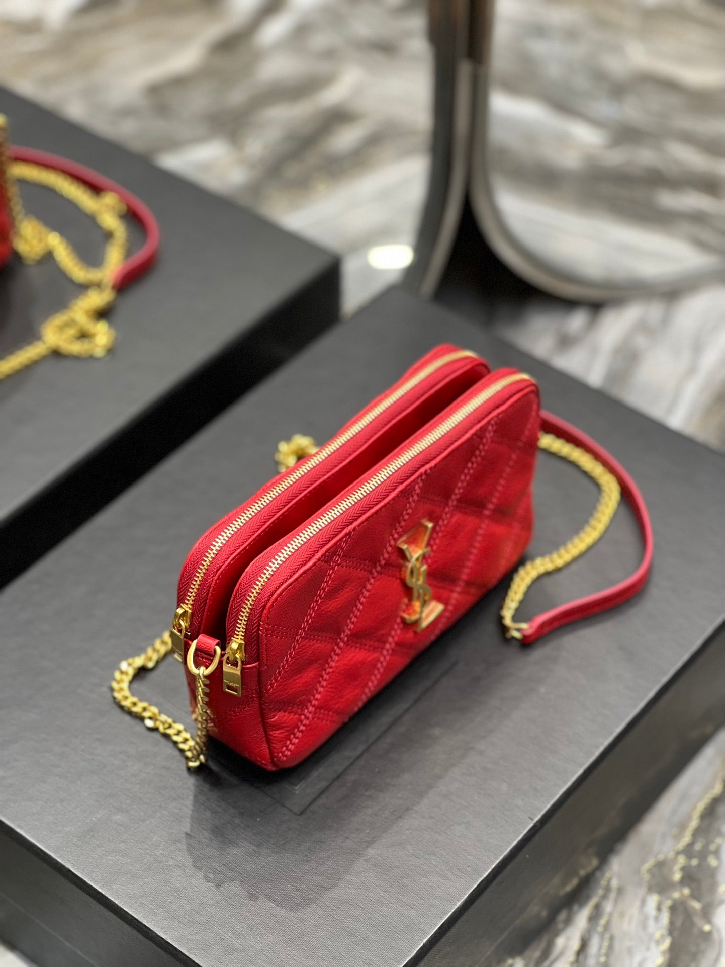 [TOP] Yves Saint Laurent YSL Beckly Double Zip Pouch Bag - Red GHW