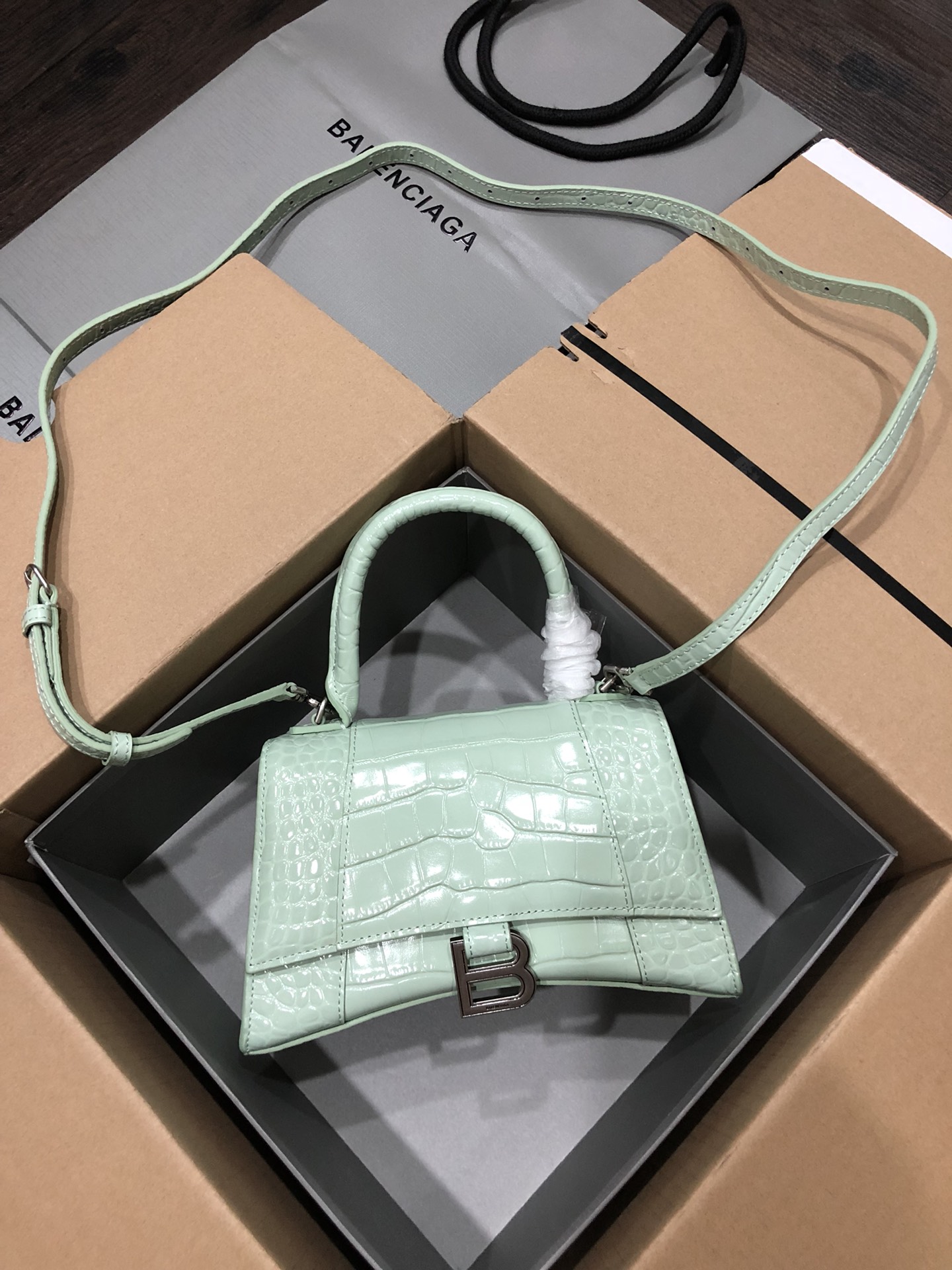 [TOP] BALENCIAGA Crocodile-Print Hourglass Bag 19/23cm - Green