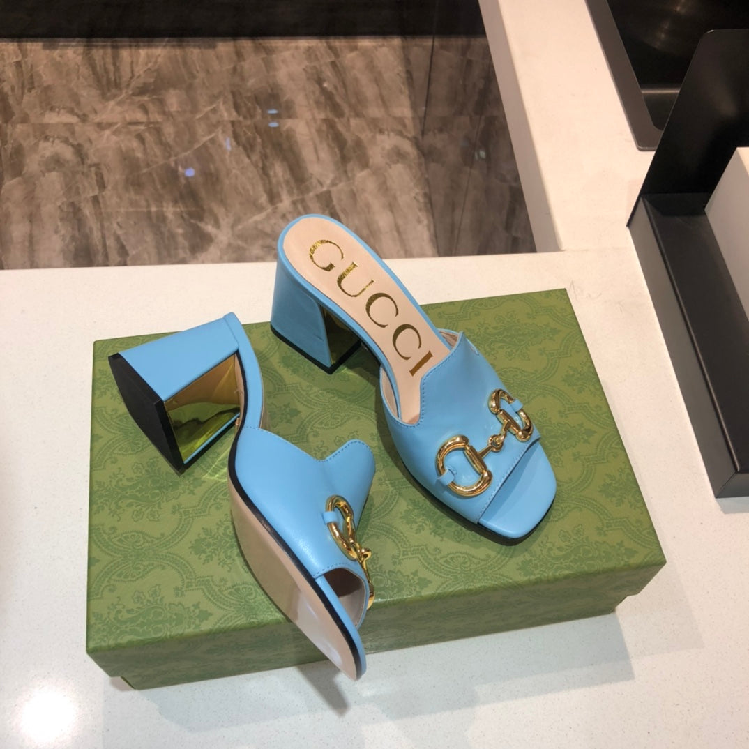 [TOP] GUCCI G*G Horsebit Slide Sandal Block Heels - Blue