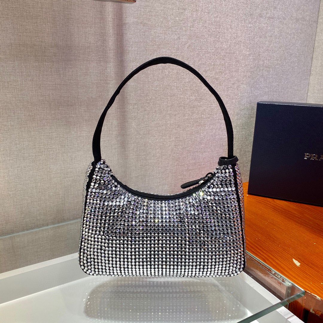 [TOP] PRADA Re-Edition 2000 Bag Bling Bling Hobo Bag  - Black