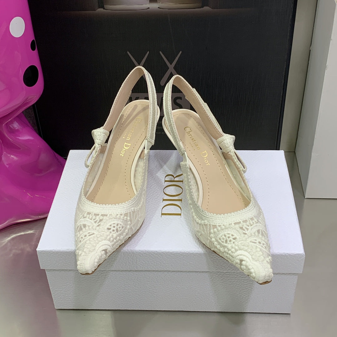 [TOP] Christian Dior Macrame Mid Heels Lace Shoes 22 - White