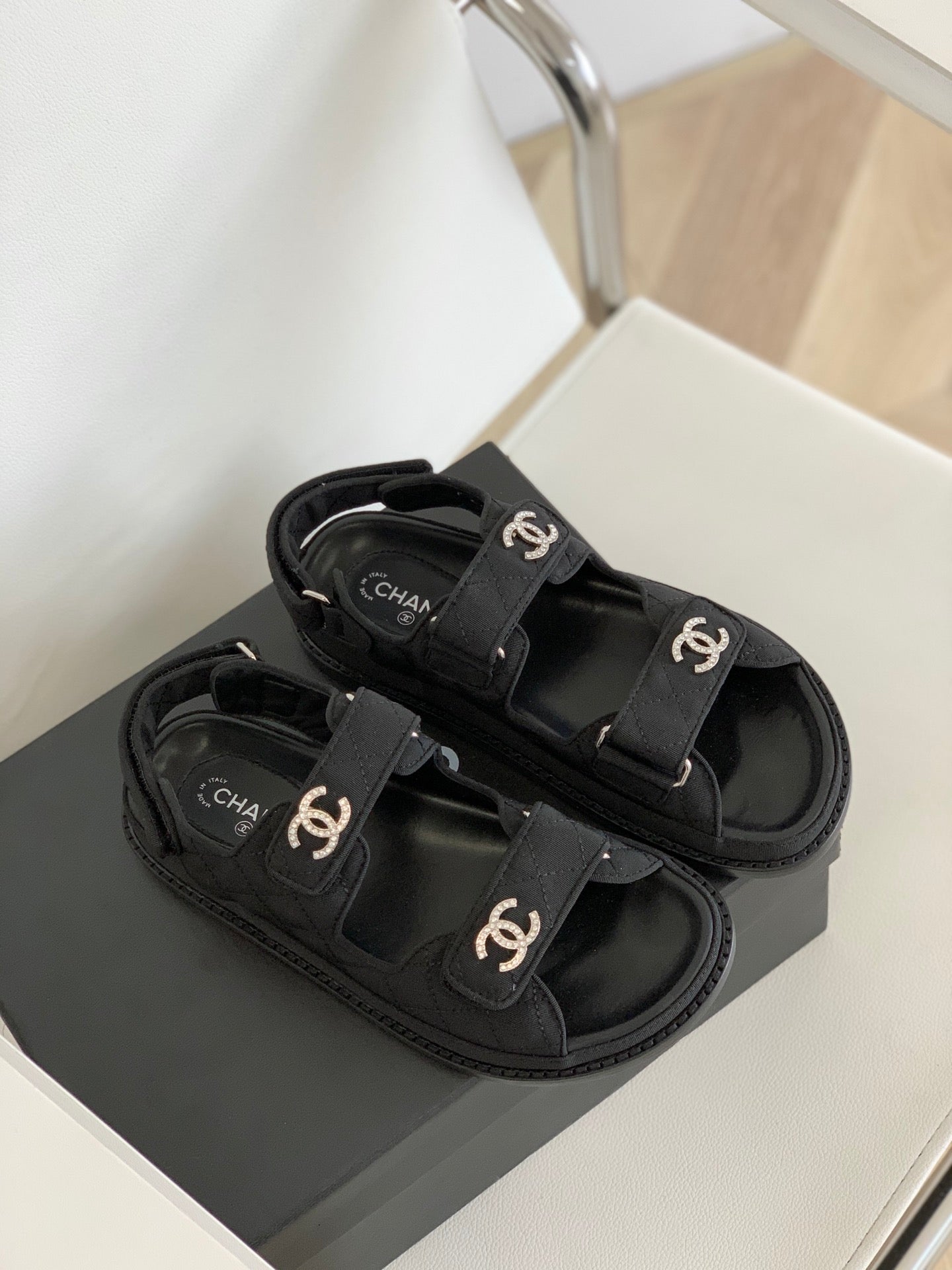 [TOP] CHANEL Dad Sandals Canvas Strappy Stones Logo - Black