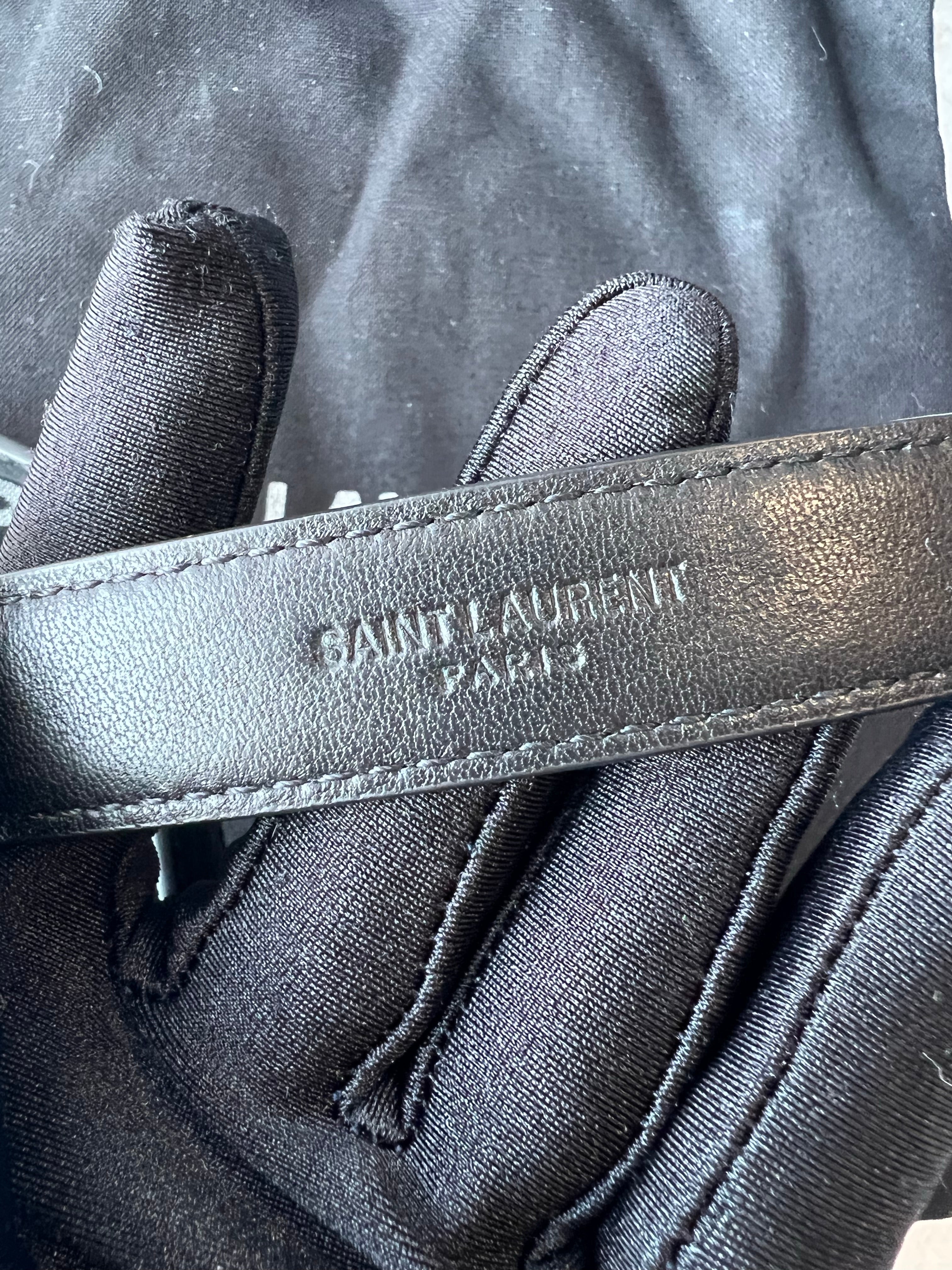 [TOP] Yves Saint Laurent YSL Monogram Logo Croc Thin Belt - Black w GHW