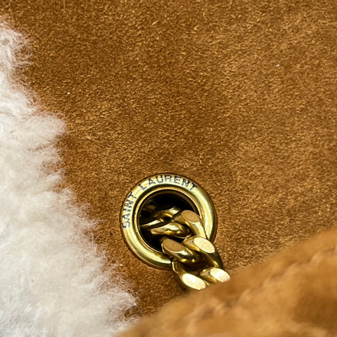 [TOP] Yves Saint Laurent YSL Envelope Small Suede Shearling Bag - Brown