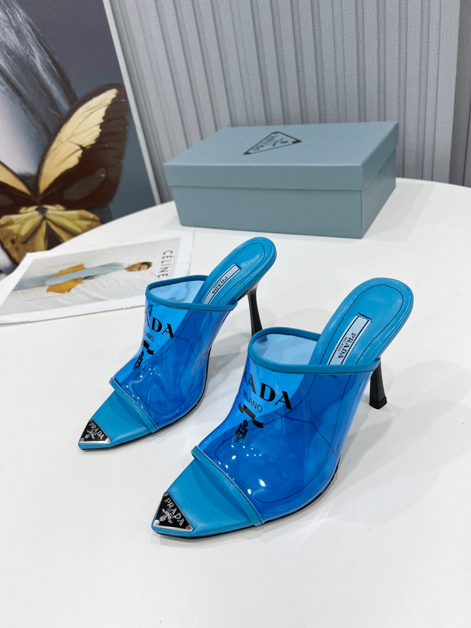 [TOP] PRADA Logo-print Plexiglas High-heel Slides - Blue