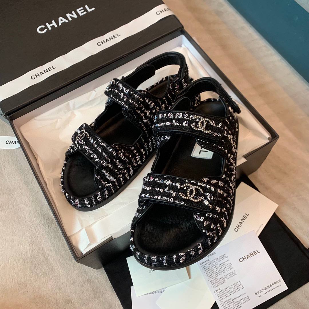 [TOP] CHANEL Dad Sandals Tweed  Stones Double C - Black and White
