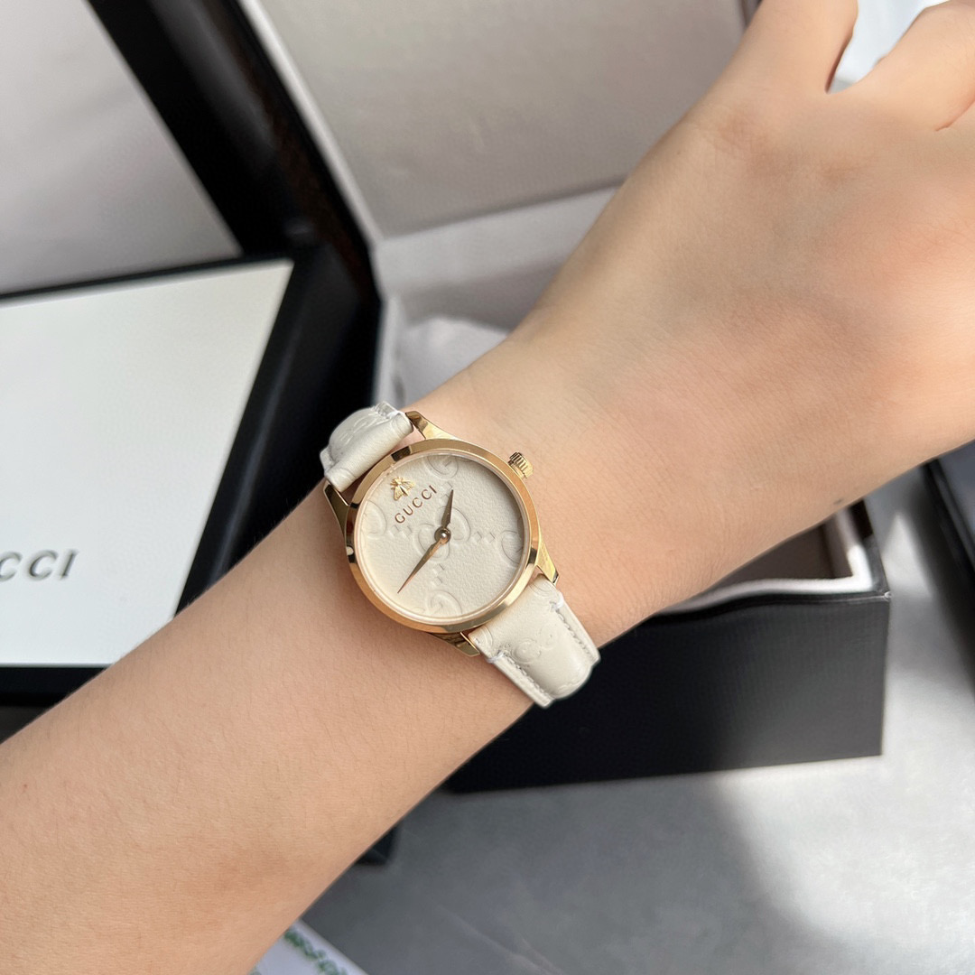 [TOP] GUCCI G-Timeless Lady Watch Leather 28mm - White & GOLD