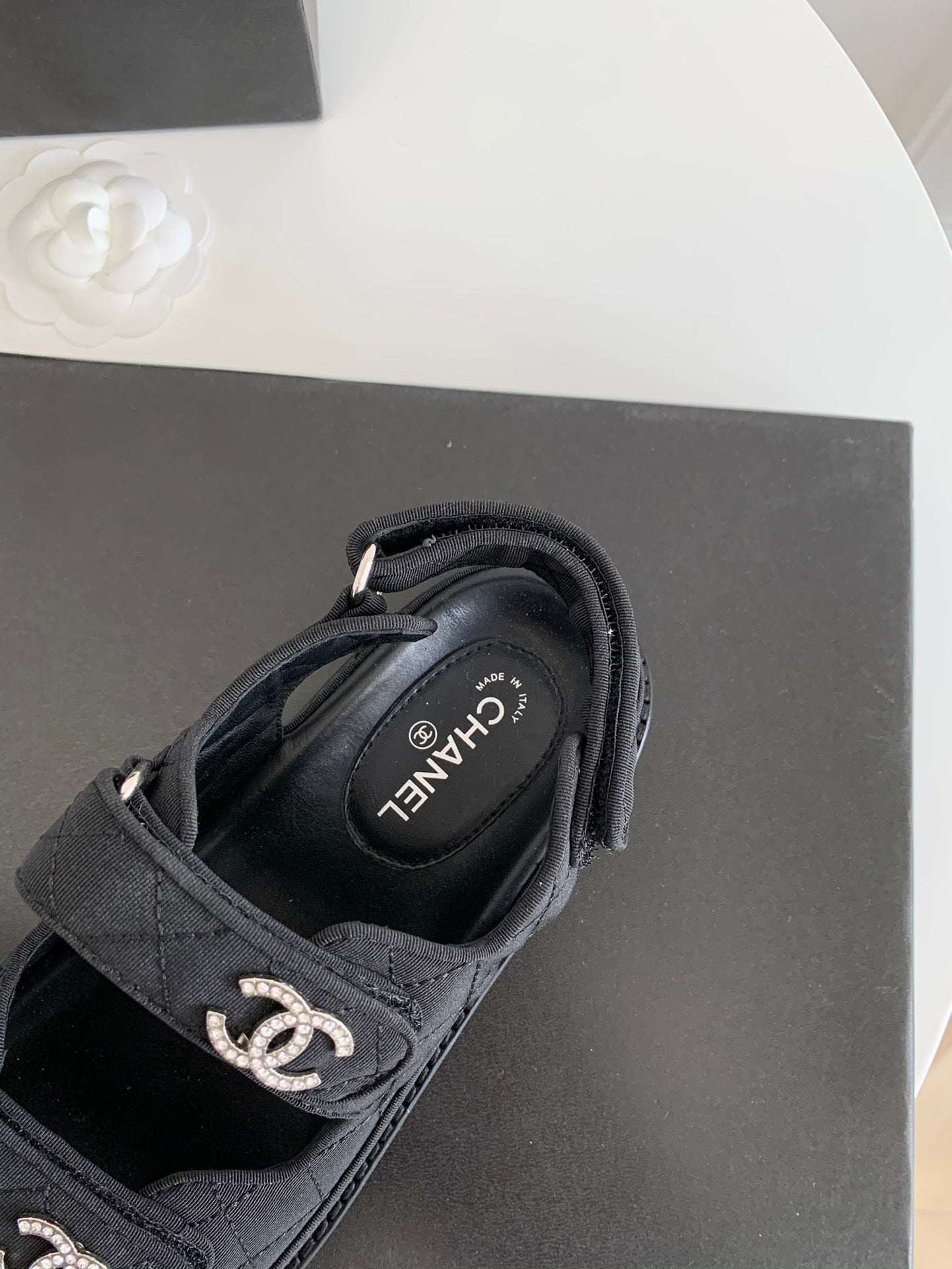 [TOP] CHANEL Dad Sandals Canvas Strappy Stones Logo - Black