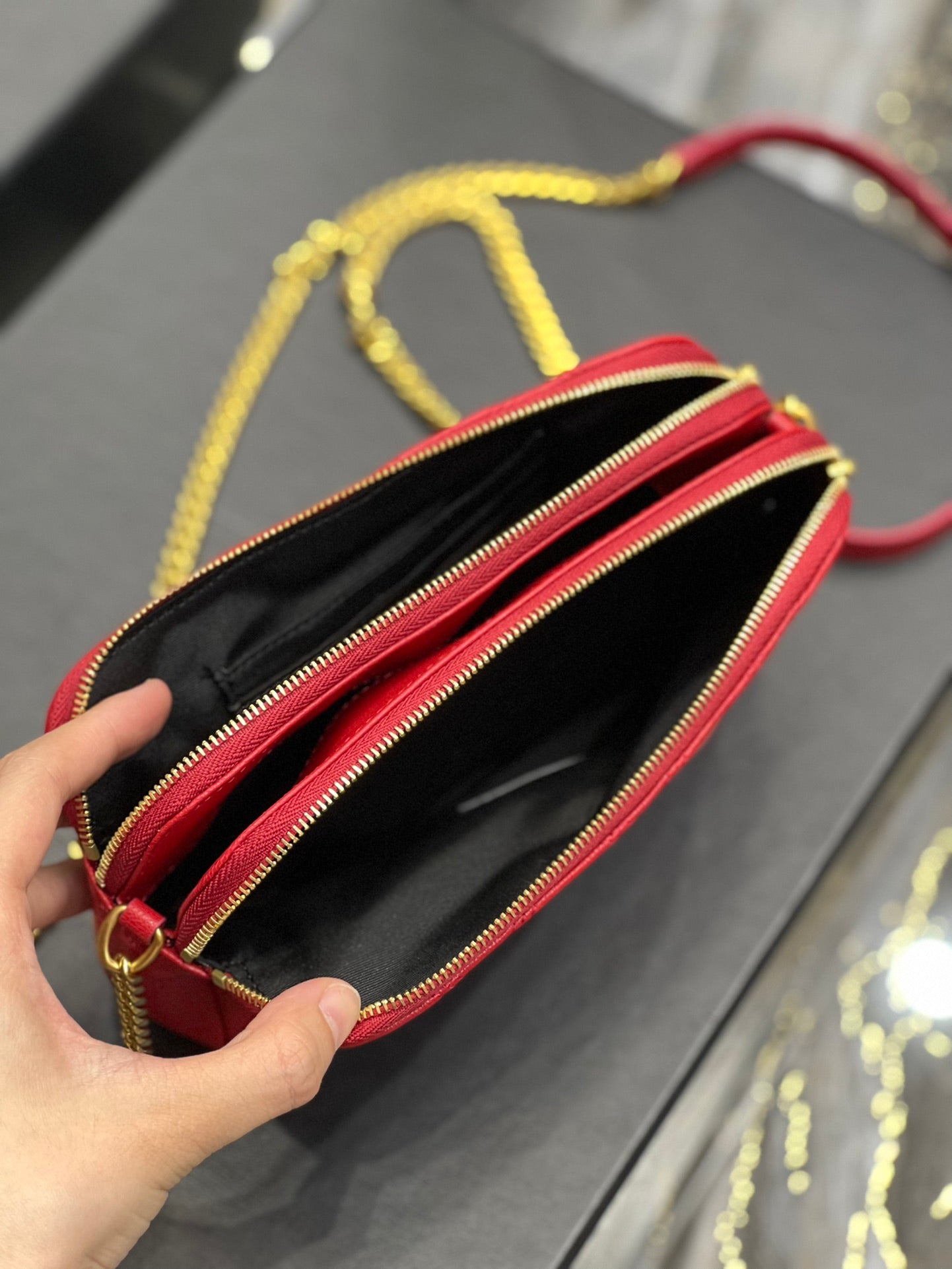 [TOP] Yves Saint Laurent YSL Beckly Double Zip Pouch Bag - Red GHW