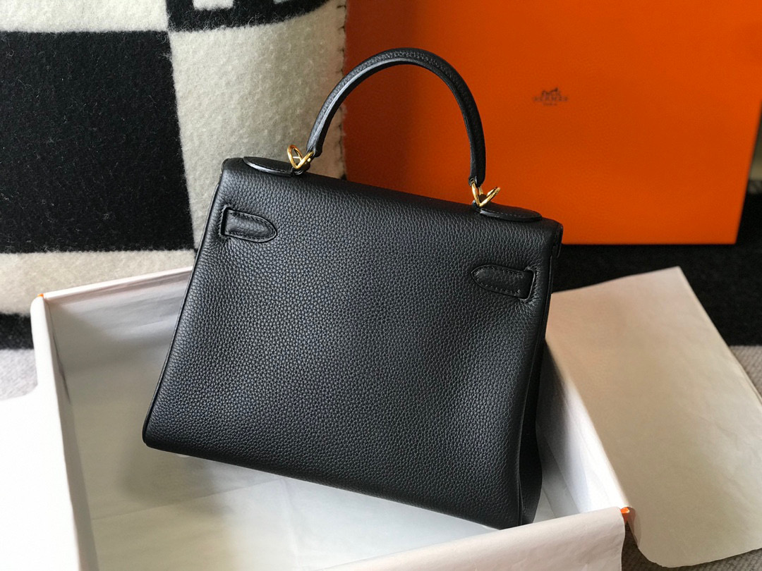 [TOP] HERMES Togo Leather Kelly Bag - Black & GHW
