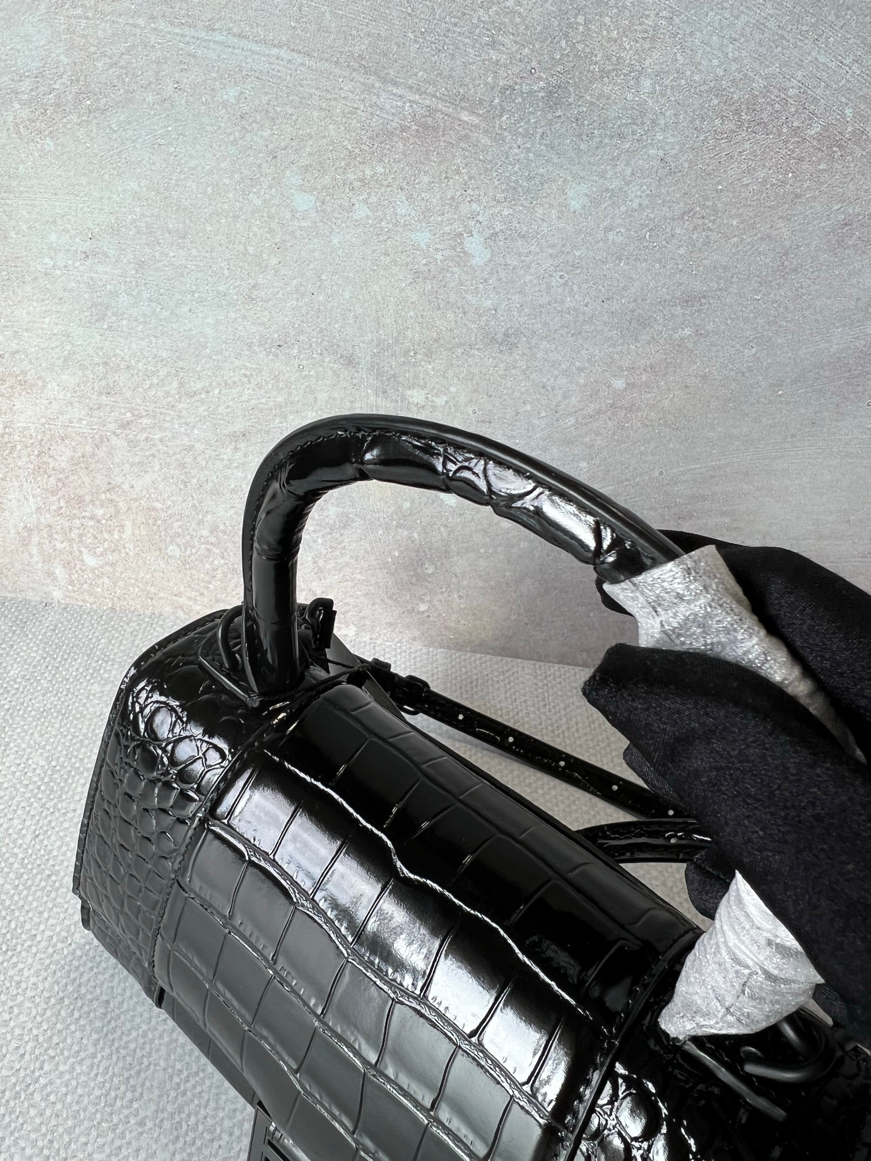 [TOP] BALENCIAGA Hourglass Crocodile-Print Cowhide Small Bag 23x14x10cm - Black on Black