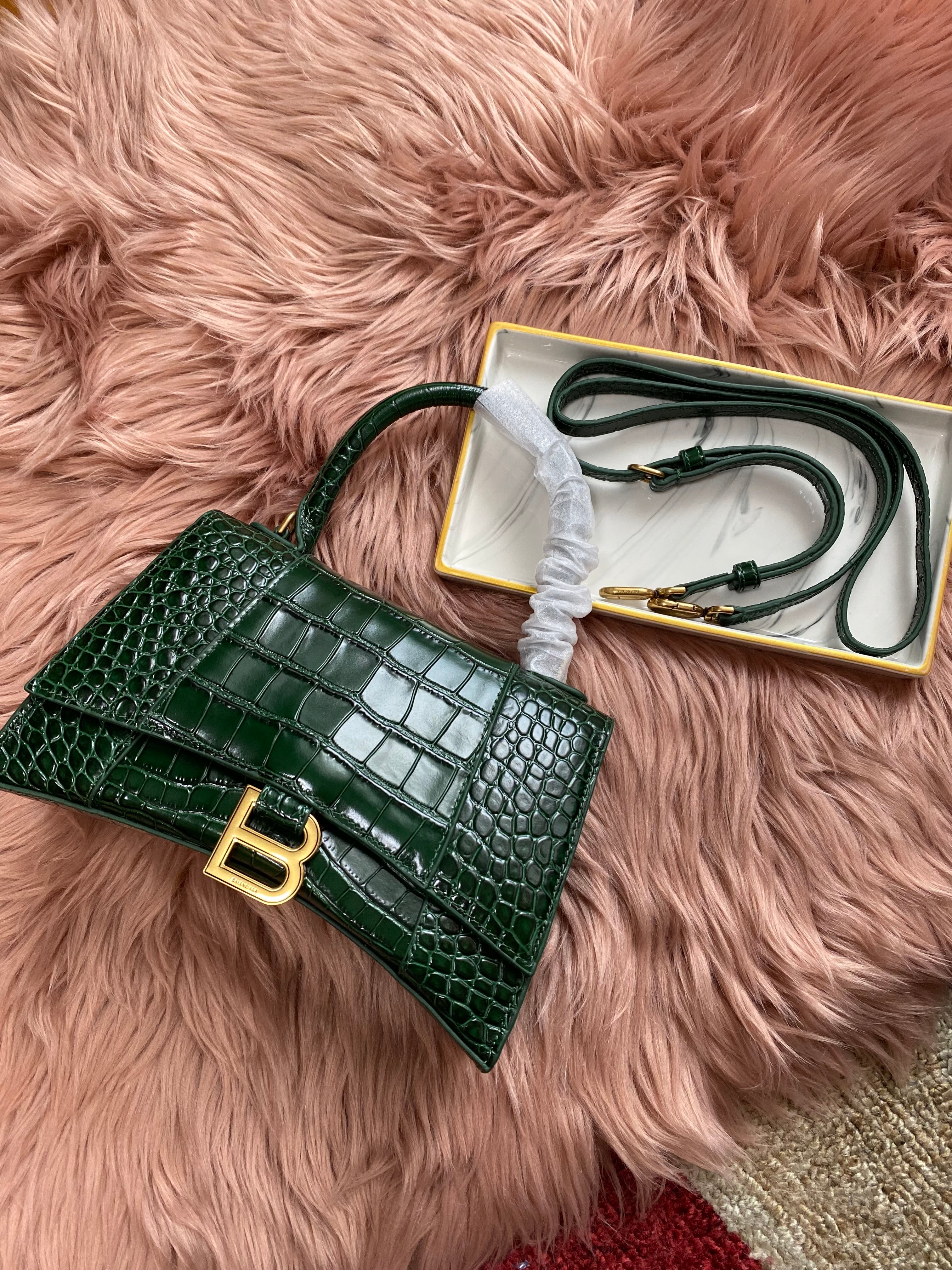[TOP] BALENCIAGA Hourglass Small Crocodile-Effect Small Bag 23x14x10cm - Green