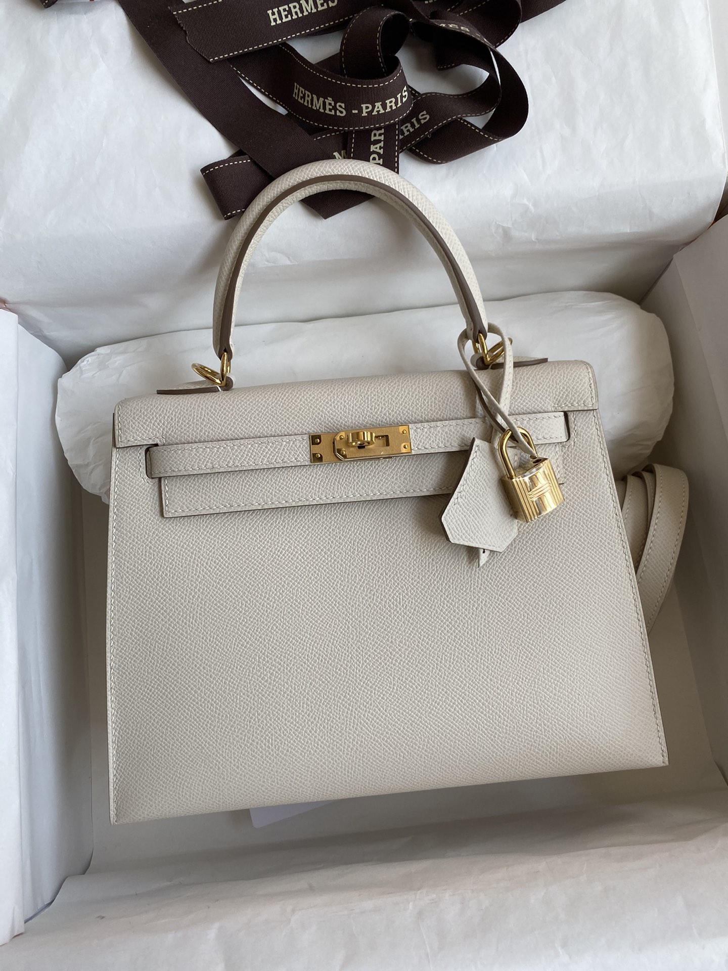 [TOP] HERMES Kelly Epsom Leather 25cm/28cm/32cm - White & GHW