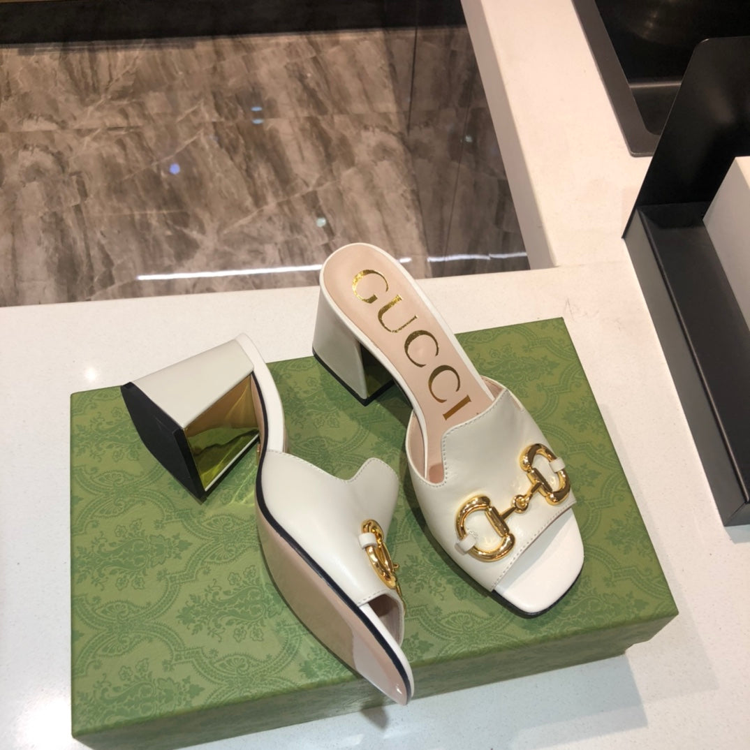 [TOP] GUCCI G*G Horsebit Slide Sandal Block Heels - White