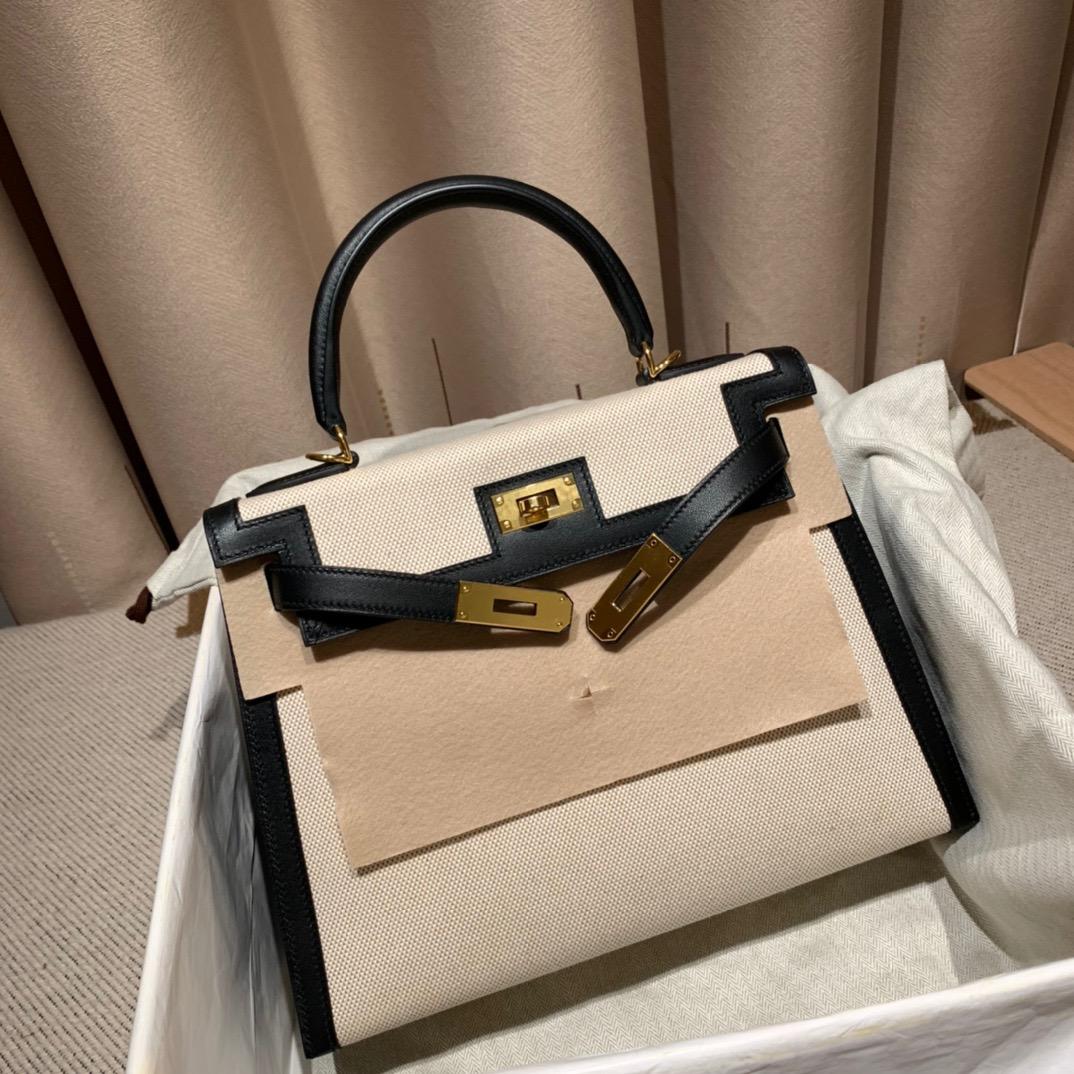 [TOP] HERMES Kelly 28cm Swift/Toile H 89 Black Gold Buckle Canvas
