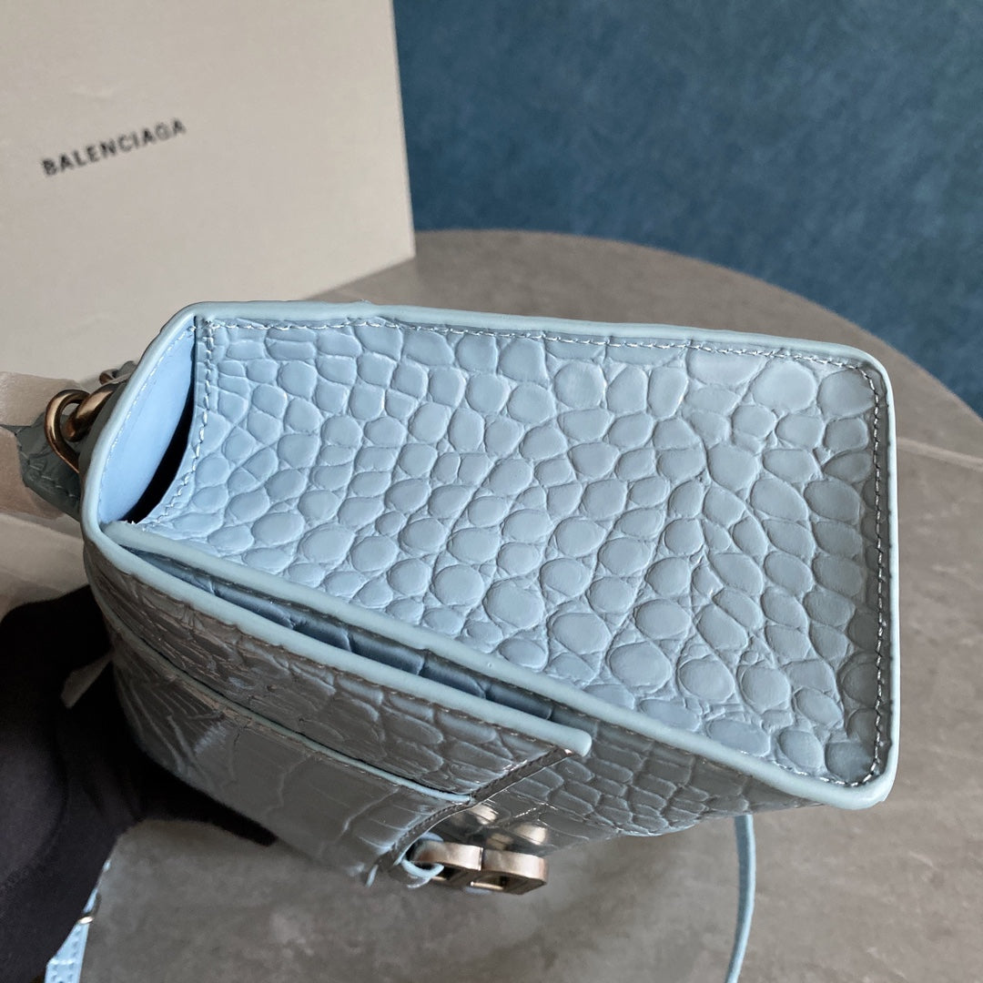 [TOP] BALENCIAGA Hourglass Small Crocodile-Print Cowhide Bag 23x14x10cm - Light Blue