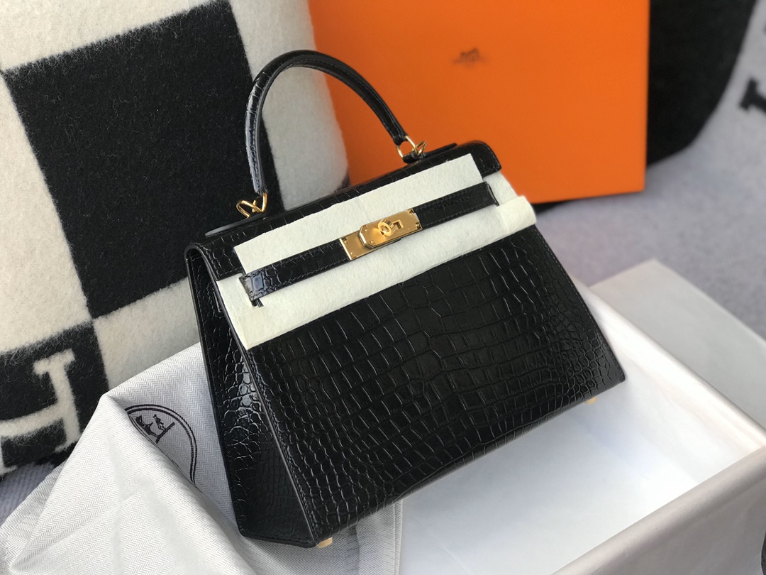 [TOP] HERMES Crocodile Kelly Bag 25cm  28cm - Black&GHW