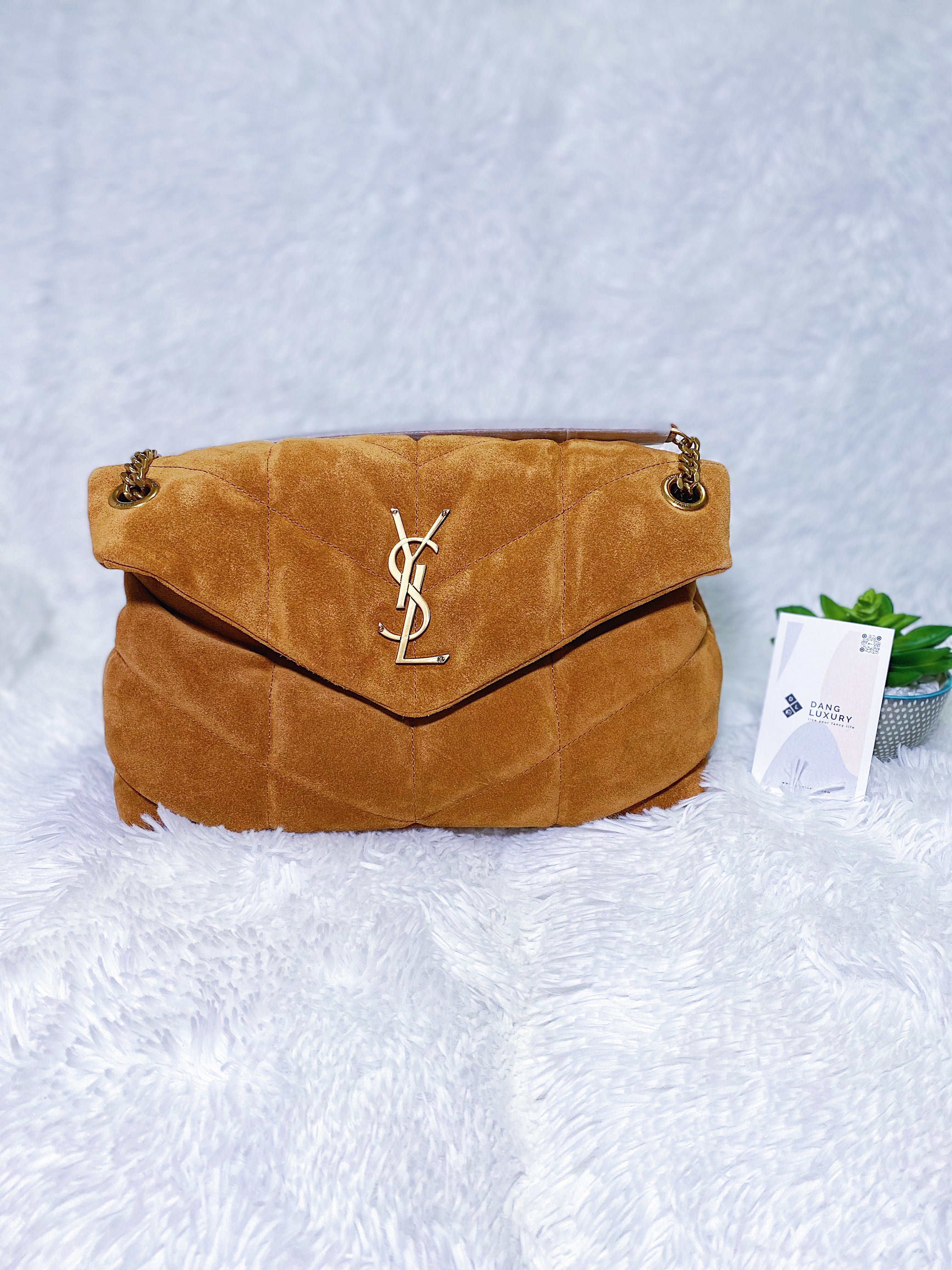 [TOP] Yves Saint Laurent YSL Loulou Puffer Small Suede - Tan