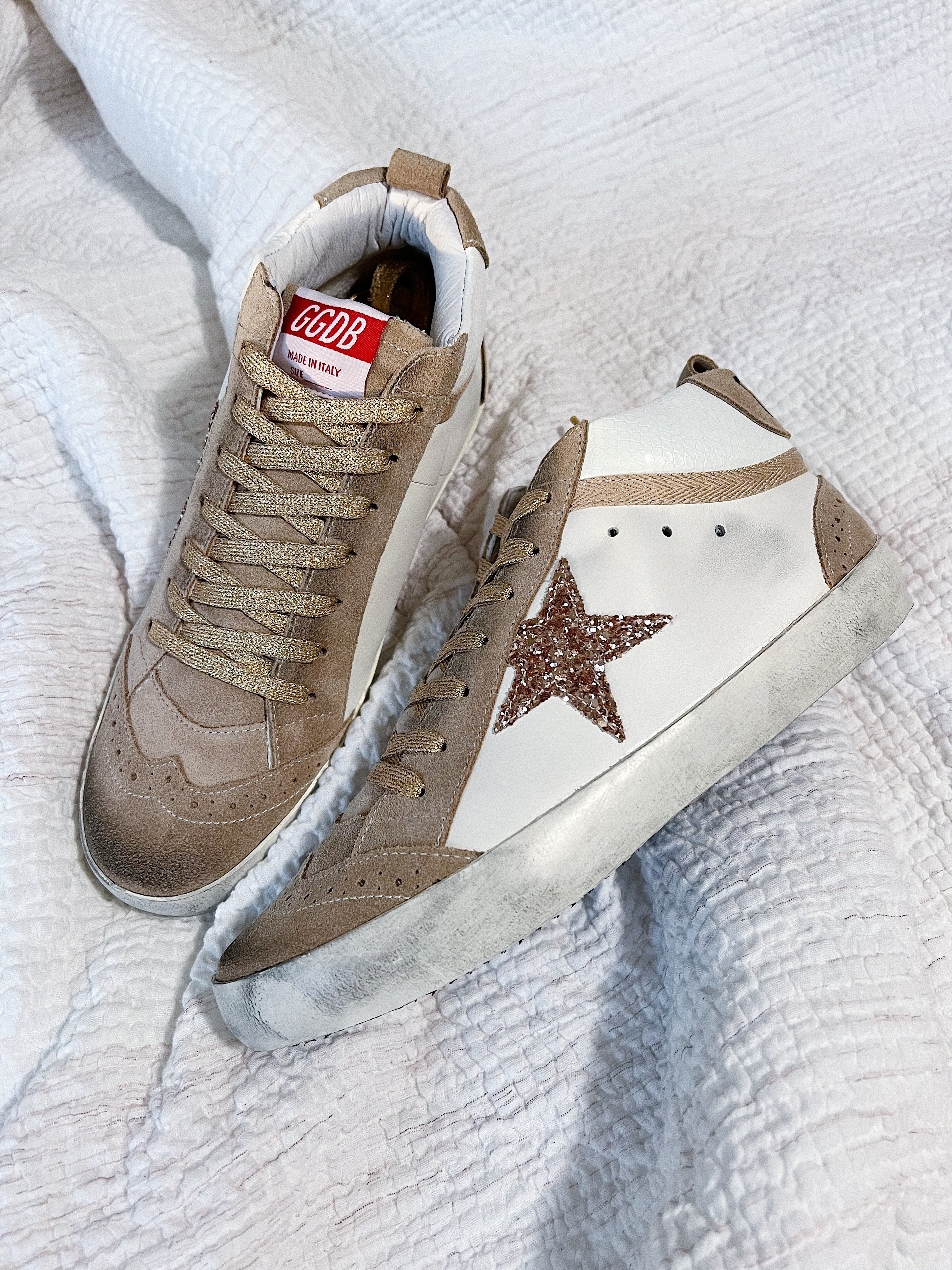 [TOP] GGDB High Top Sneakers - Gold and White Croc