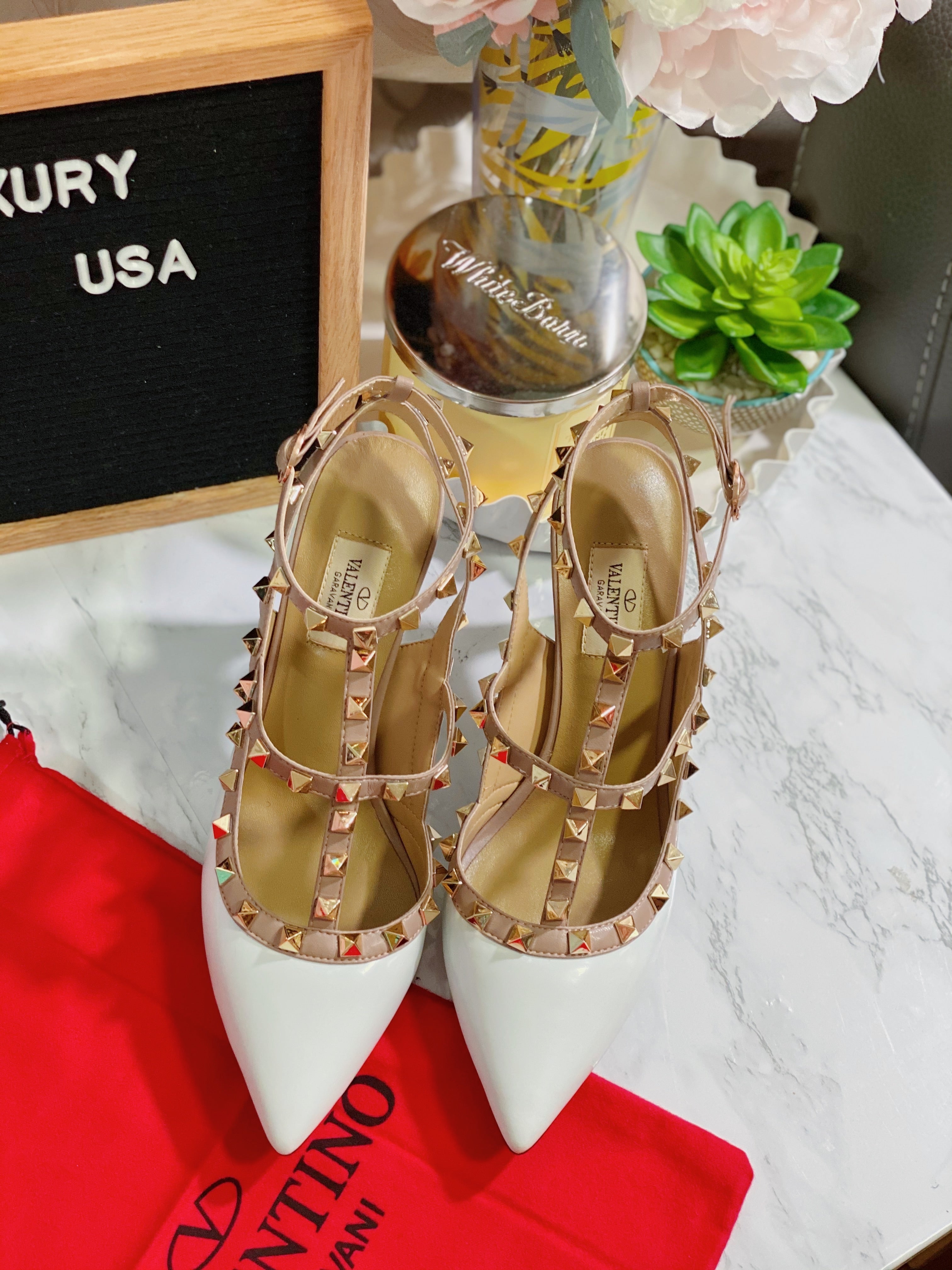 [TOP] VALENTINO R0ckstud Slingback High Heels - White