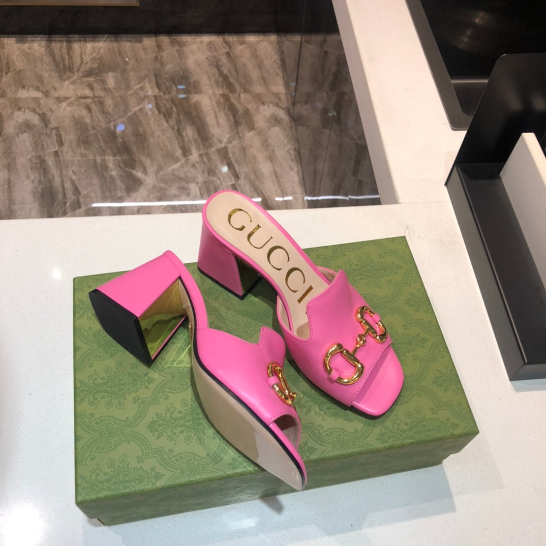 [TOP] GUCCI G*G Horsebit Slide Sandal Block Heels - Hot Pink