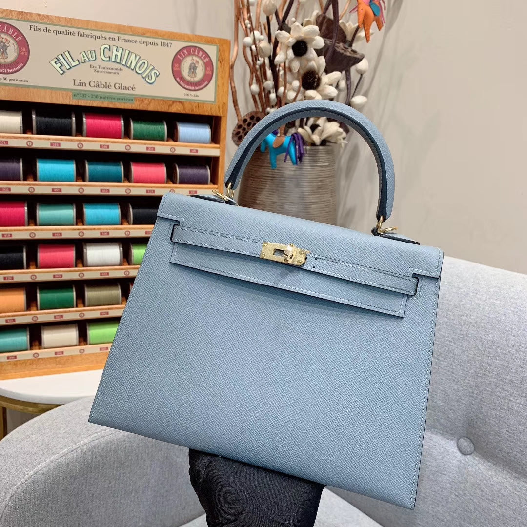 [TOP] HERMES Kelly Epsom Leather 25cm - Blue & GHW