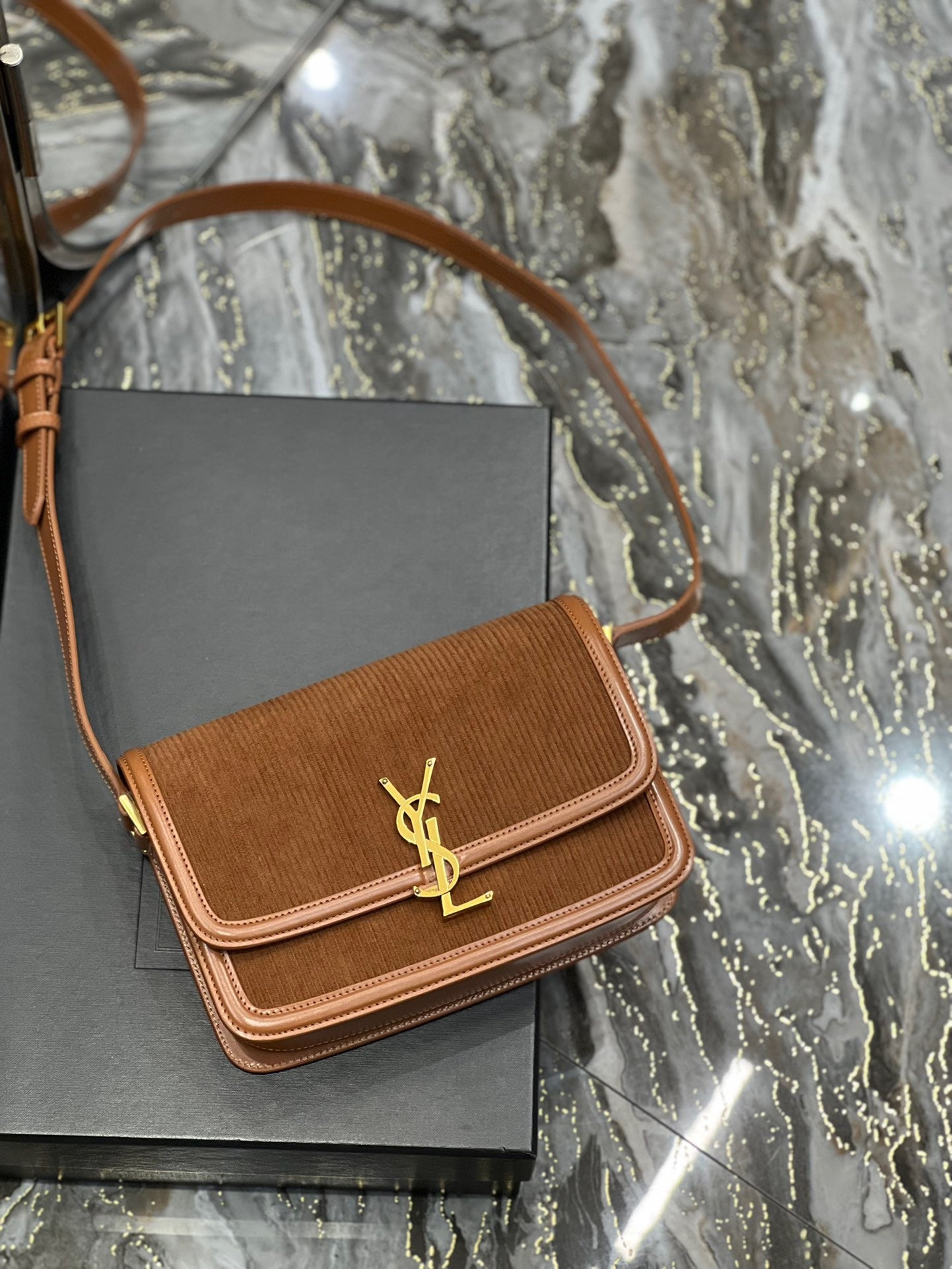 [TOP] Yves Saint Laurent YSL Solferino Corduroy Medium Bag - Brown