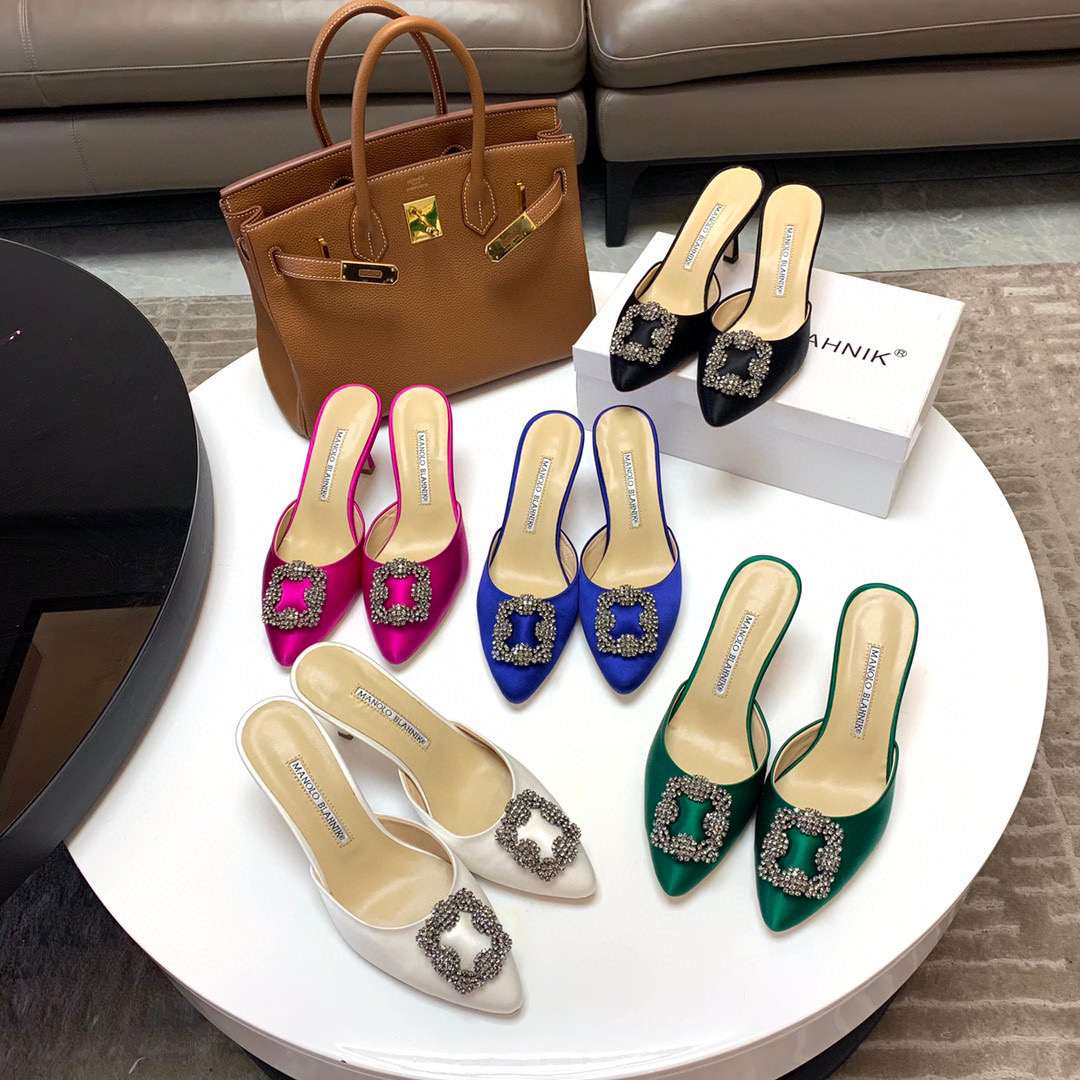 [TOP] Manolo Blahnik HANGISI Satin Crystal Sling back Mules - 5 Colours